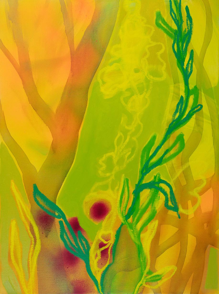 Rachelle Krieger Landscape Painting – Swamp Boogie, leuchtende orangefarbene und grüne abstrakte Landschaft, surreale Szene