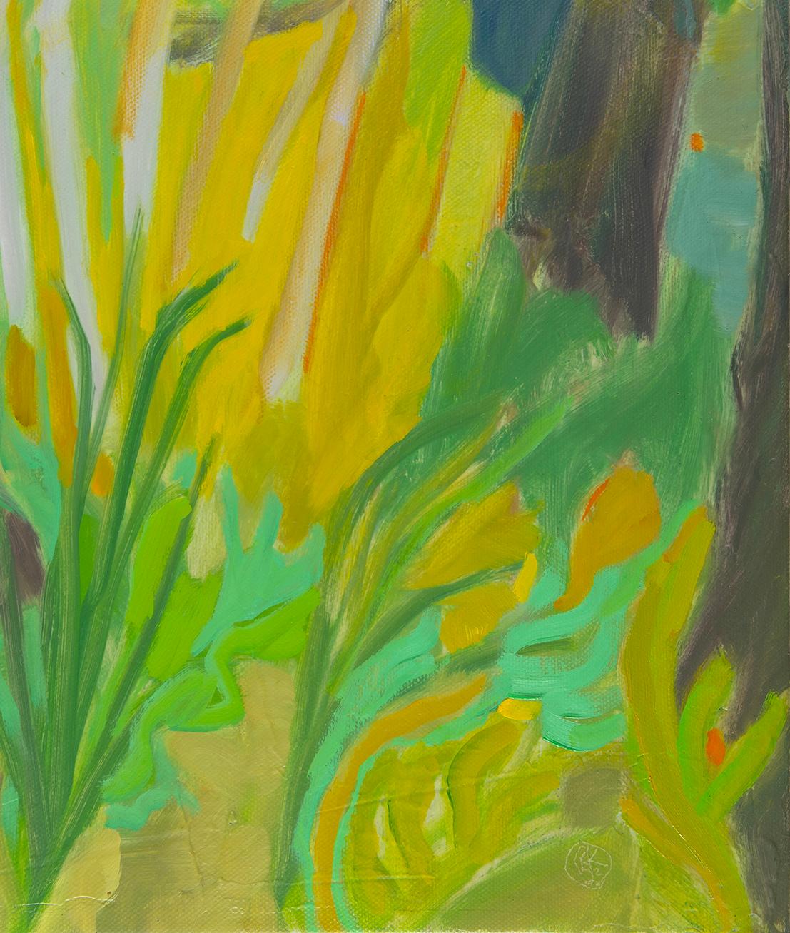 El día que el cielo se volvió naranja, II (Paisaje, Técnica mixta, bosque, sol, árboles) - Landscape Painting Verde de Rachelle Krieger
