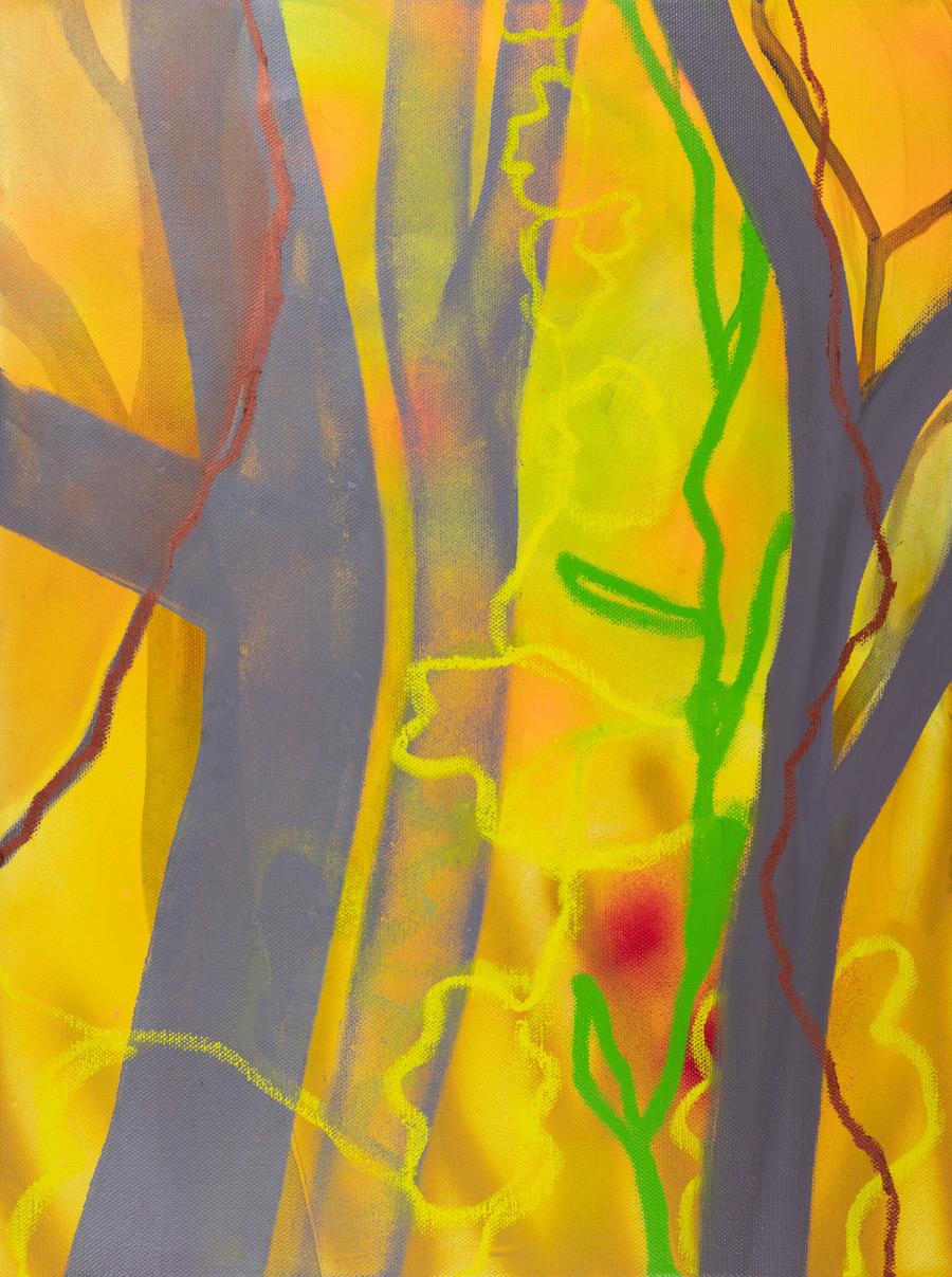 Rachelle Krieger Landscape Painting – The Space Between, leuchtend orange und gelb abstrakte Landschaft, surreale Szene