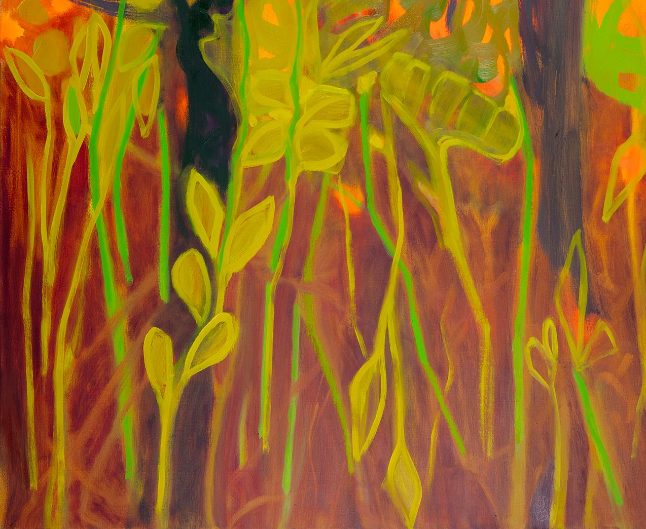 Quei giorni che brillano (Paesaggio, Tecnica mista, foresta, sole, alberi, arancione) - Painting Contemporaneo di Rachelle Krieger