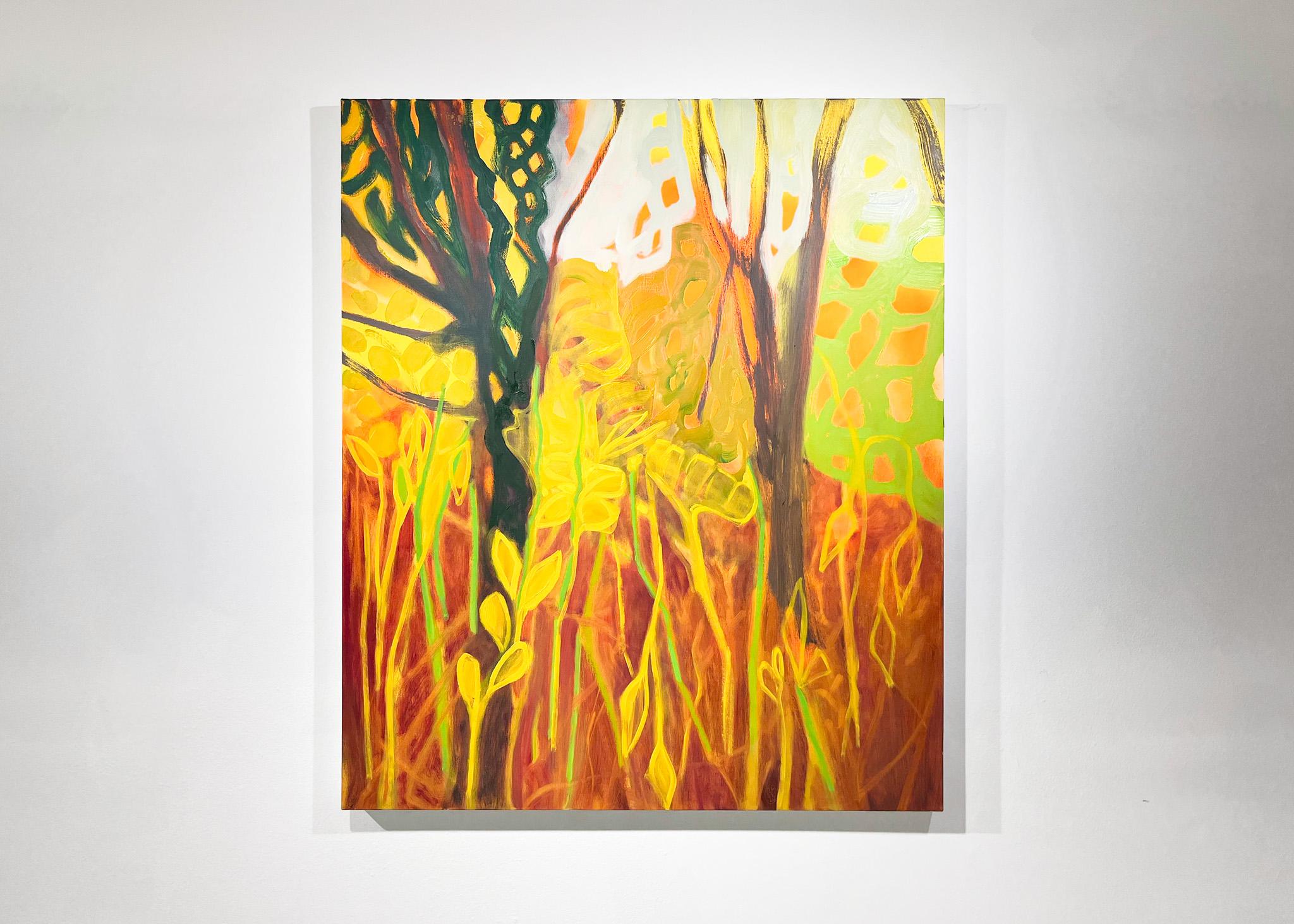 Quei giorni che brillano (Paesaggio, Tecnica mista, foresta, sole, alberi, arancione) - Painting di Rachelle Krieger