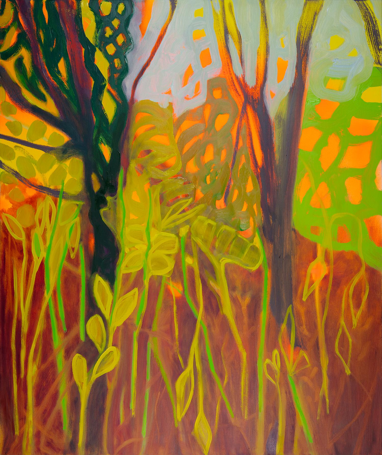 Those Days That Glow (Paysage, Technique mixte, forêt, soleil, arbres, orange)