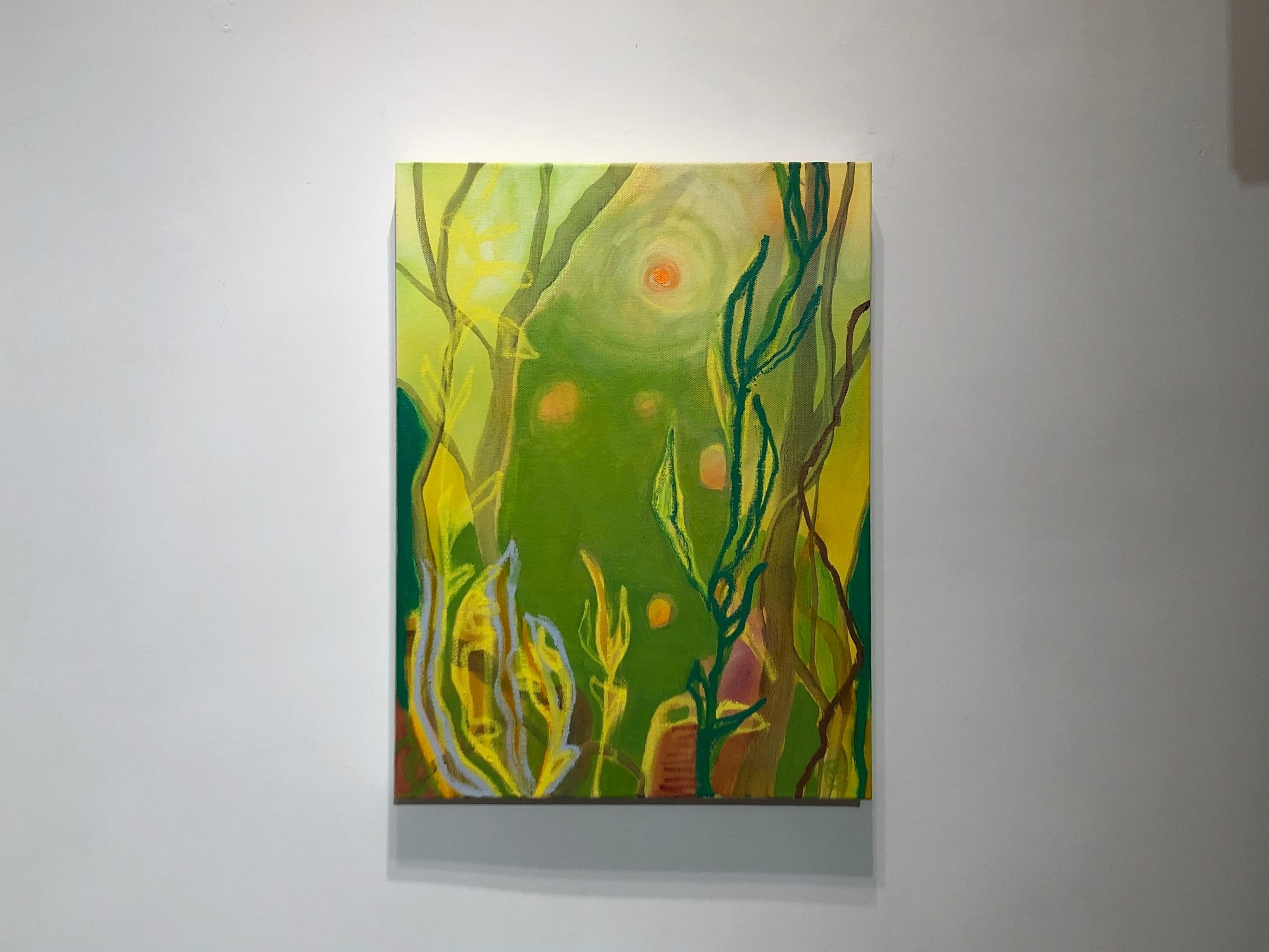 Abstrahierte Landschaft mit toxistischem Wasserfall und Wildblumen, leuchtend grüne und gelbe Abstraktion – Painting von Rachelle Krieger