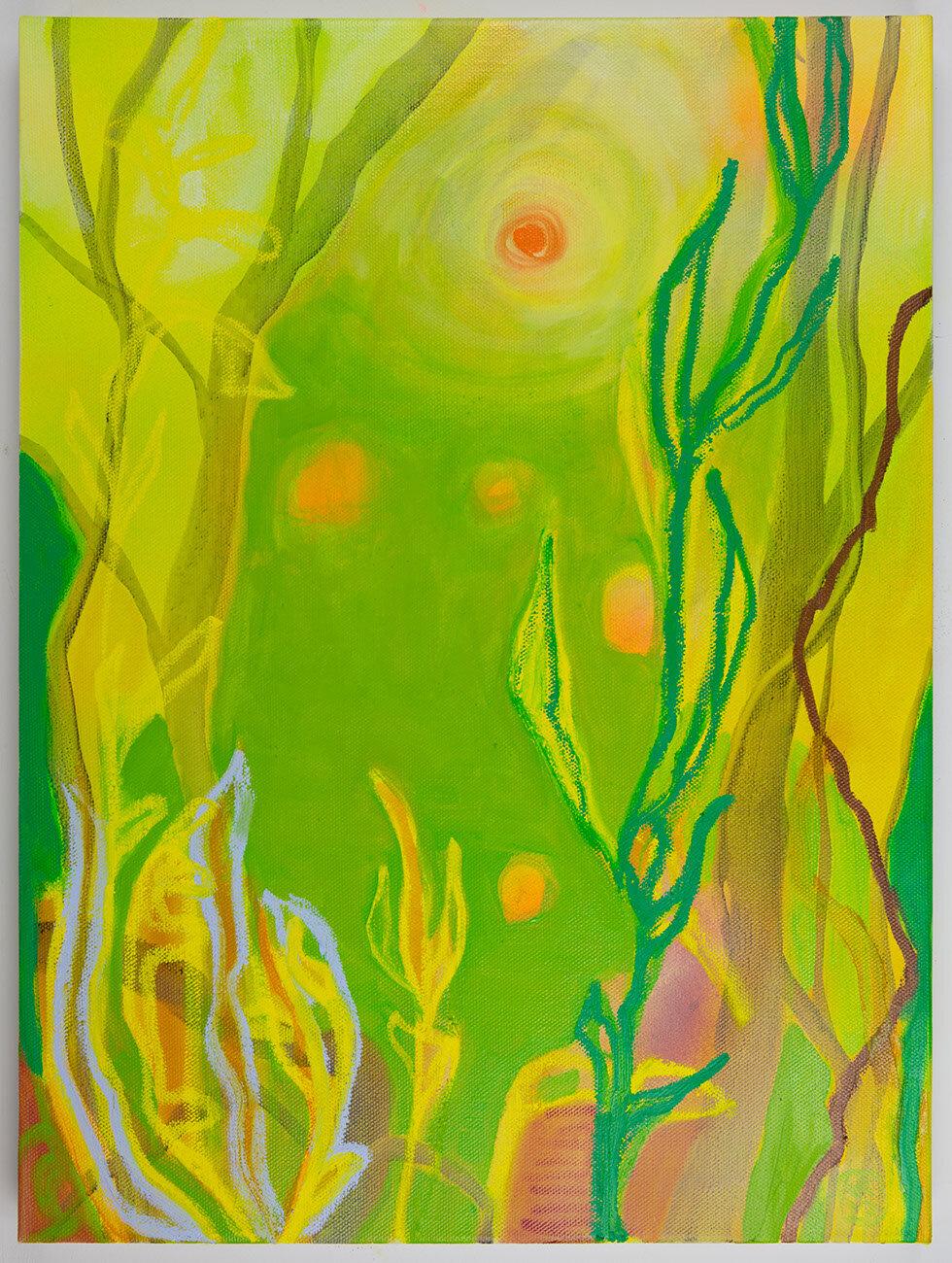Rachelle Krieger Landscape Painting - Toxic Swamp and Wildflowers, bright green and yellow abstracted landscape
