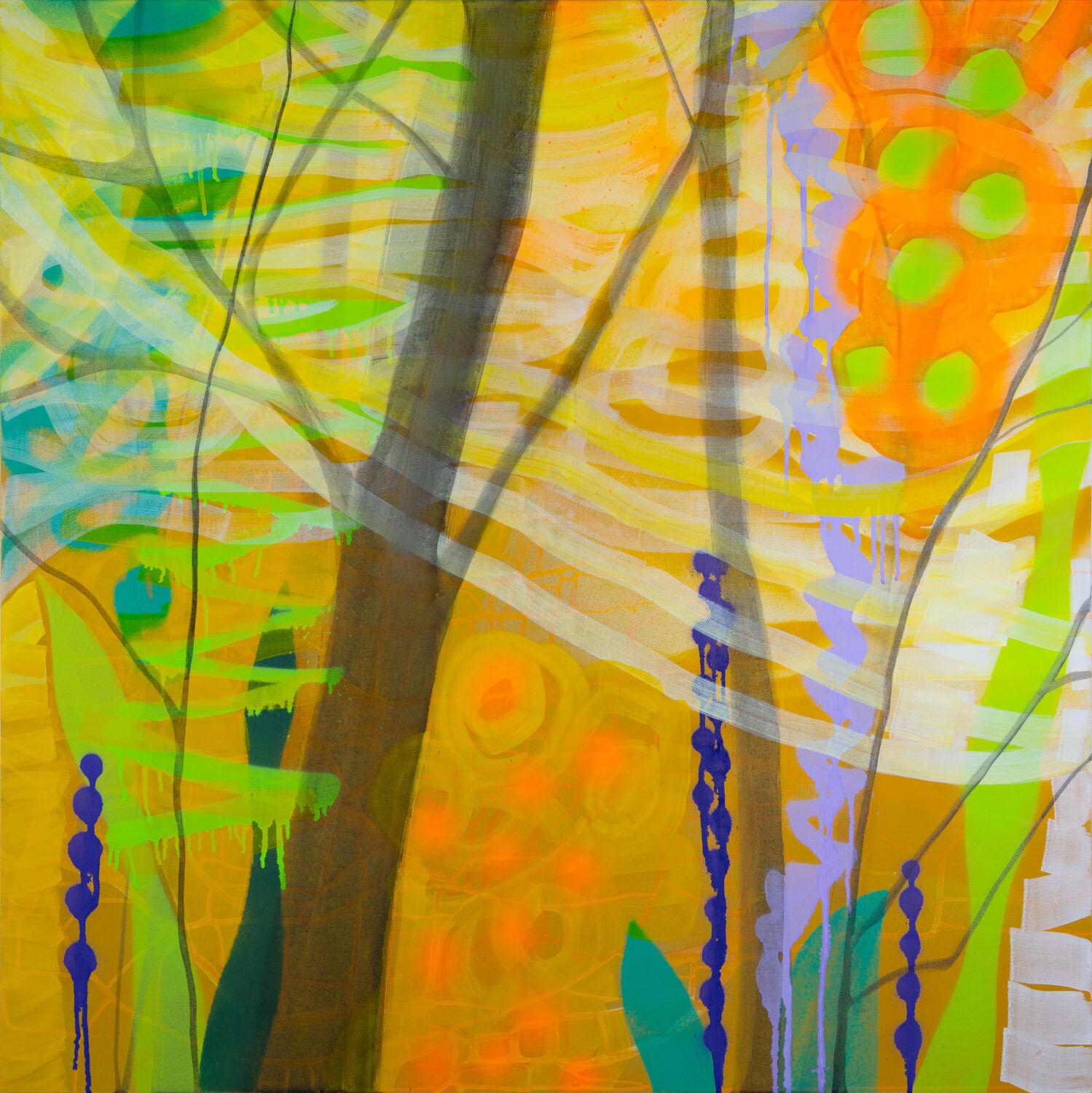 Rachelle Krieger Landscape Painting - Transformations, bright yellow and orange abstracted landscape, forest