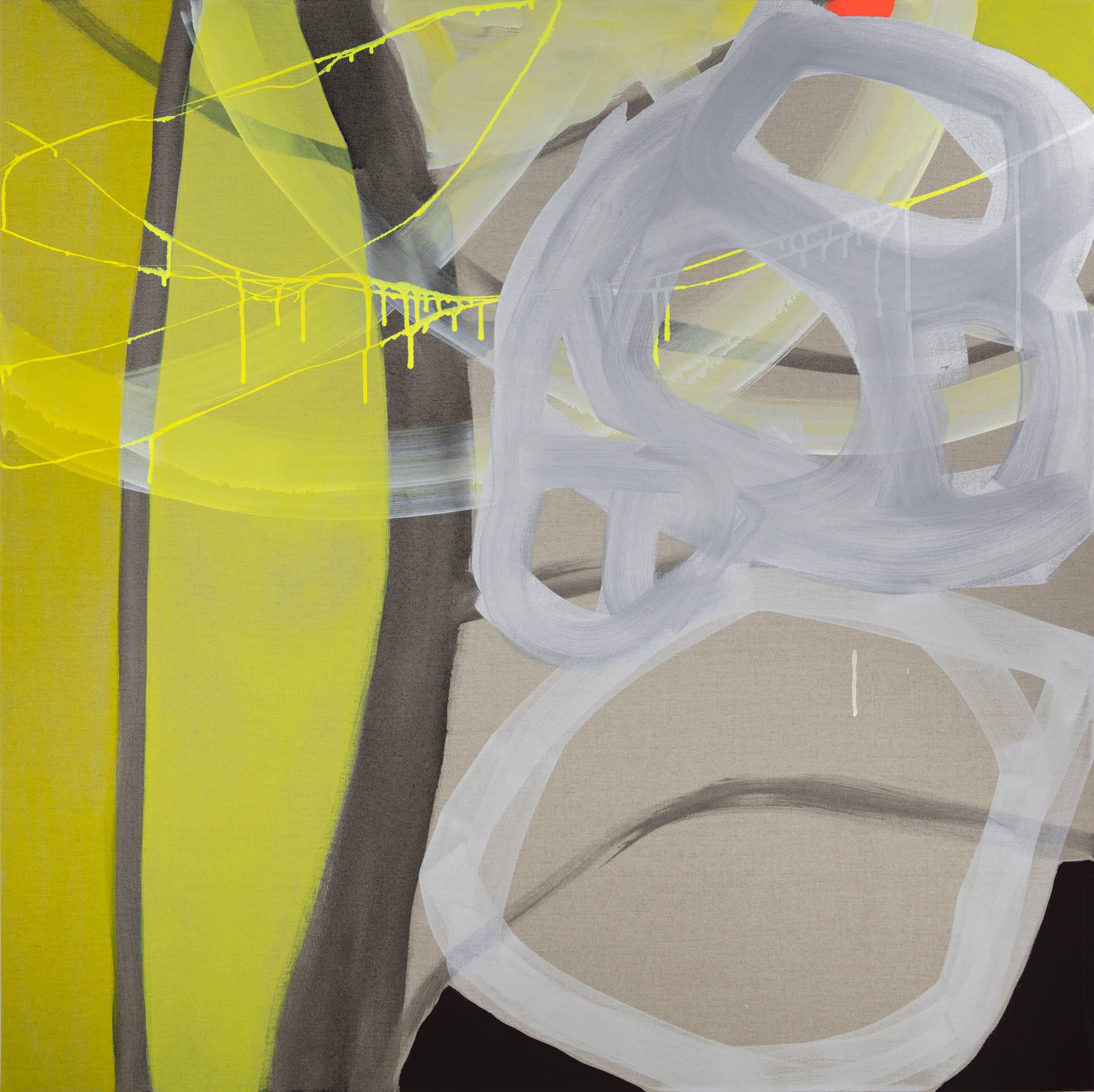 Rachelle Krieger Abstract Painting - Trees with Light Rays 4 ( abstract, landscape, yellow, gray, texture)