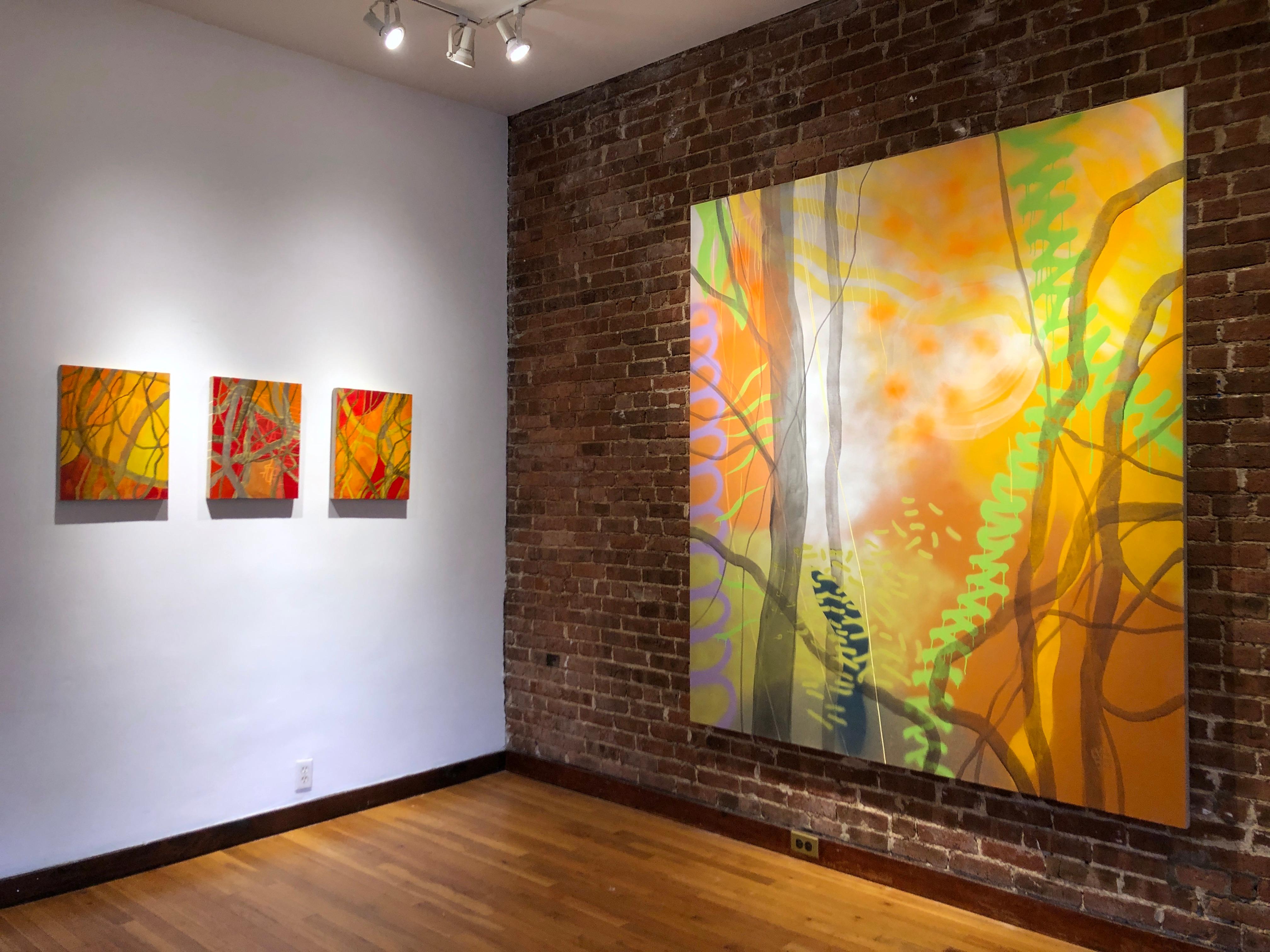 Turn, Turn (1), Rotes und orangefarbenes abstraktes Gemälde, Zweige und Wald – Painting von Rachelle Krieger