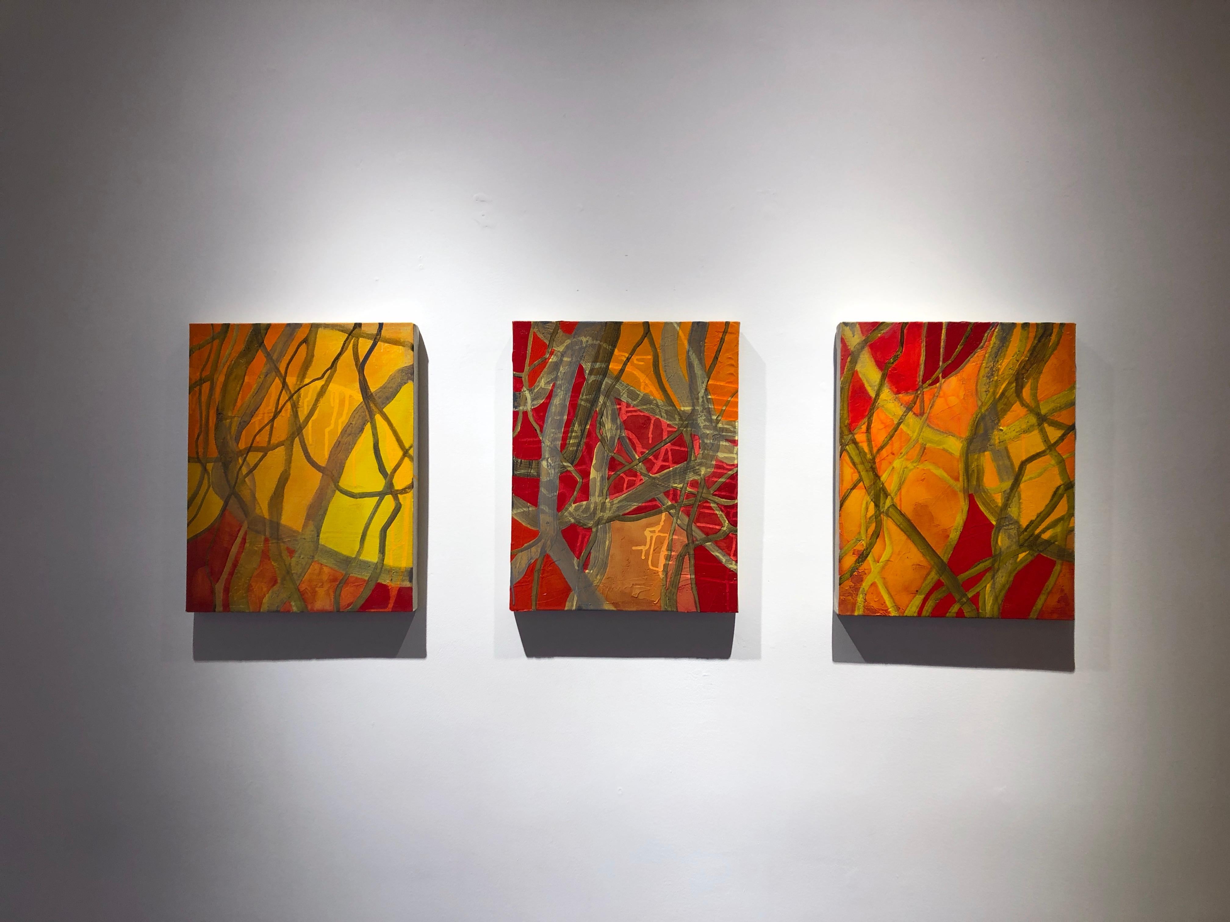 Turn, Turn (1), peinture abstraite rouge et orange, branches et forêt - Contemporain Painting par Rachelle Krieger