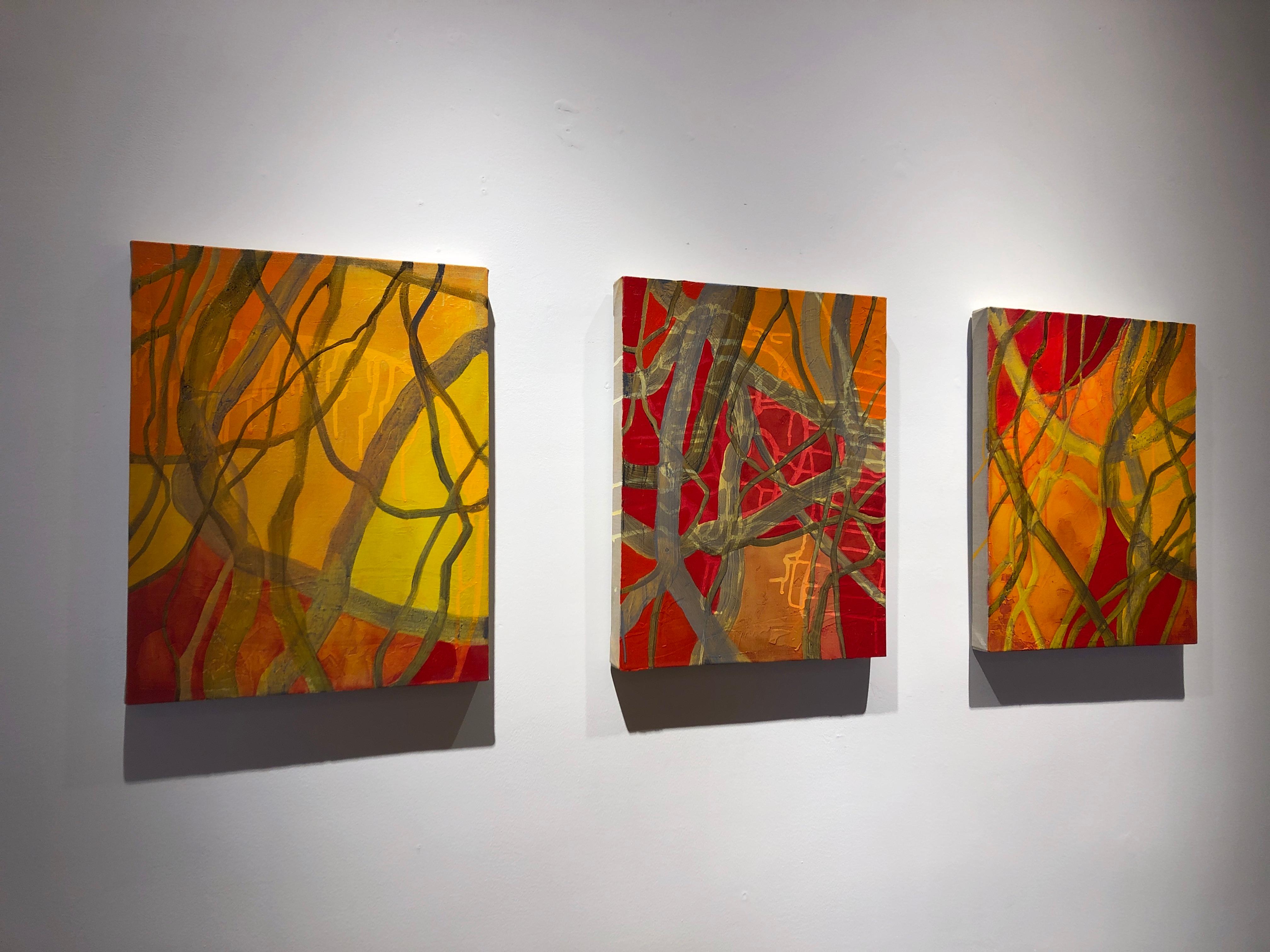 Turn, Turn (1), Rotes und orangefarbenes abstraktes Gemälde, Zweige und Wald (Zeitgenössisch), Painting, von Rachelle Krieger