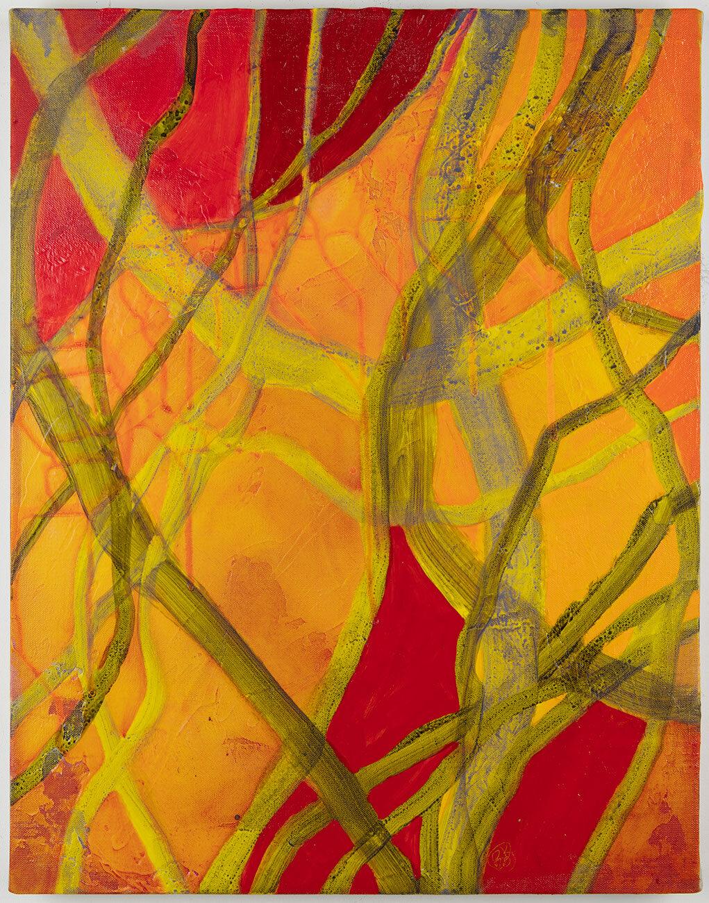 Rachelle Krieger Landscape Painting – Turn, Turn (1), Rotes und orangefarbenes abstraktes Gemälde, Zweige und Wald