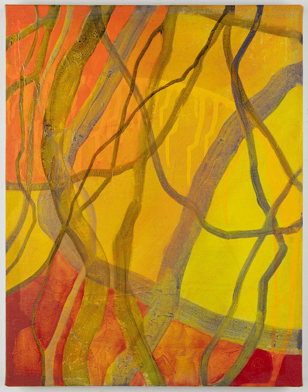 Gira, gira, gira (3), pintura abstracta roja y naranja, ramas y bosque
