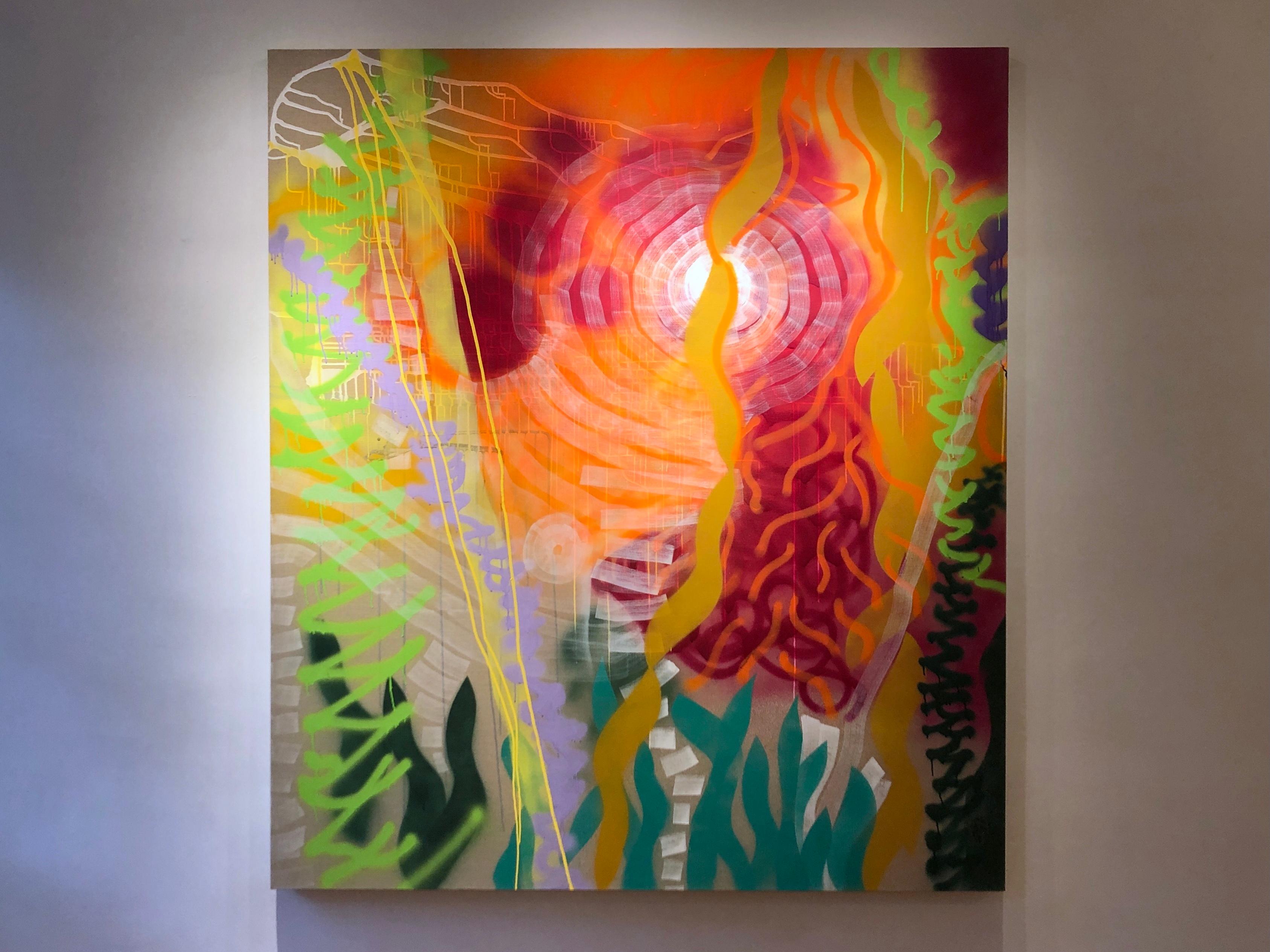 Walking the Path in Wonder, bright, multicolored, large abstracted landscape - Painting by Rachelle Krieger