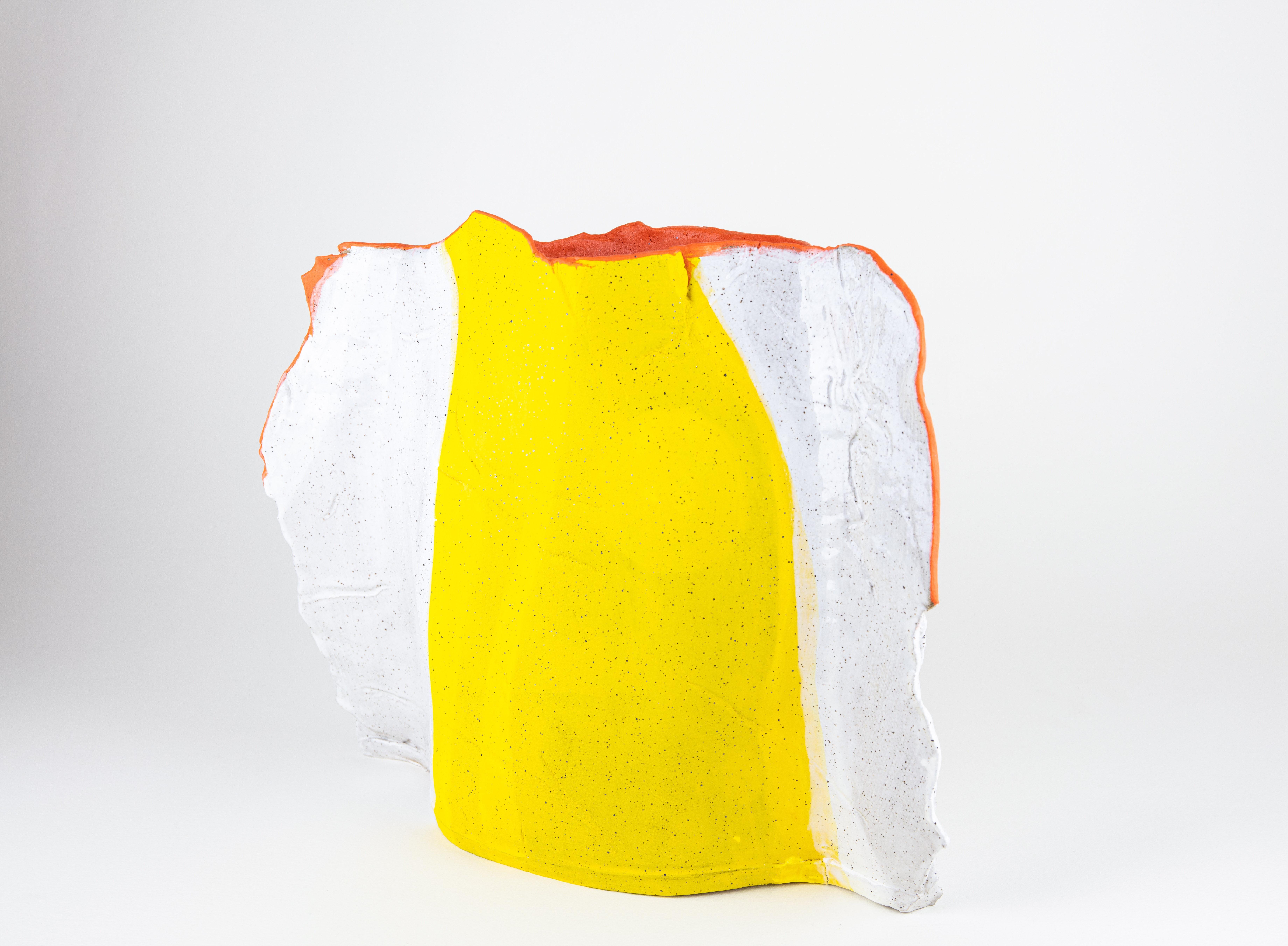 Bark Vessel, Abstract ceramic sculpture, yellow and white - Sculpture by Rachelle Krieger