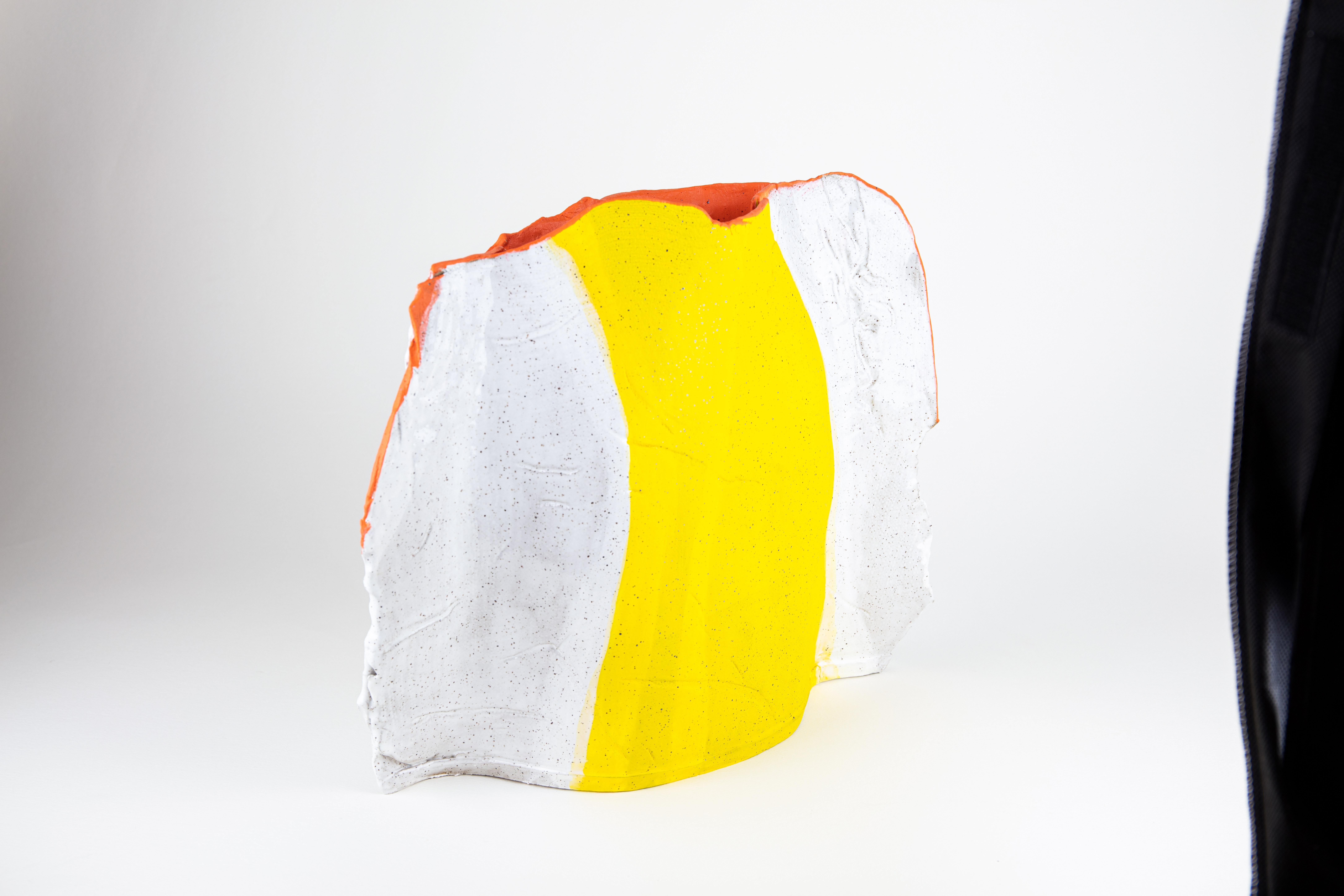Bark Vessel, Abstract ceramic sculpture, yellow and white - Contemporary Sculpture by Rachelle Krieger