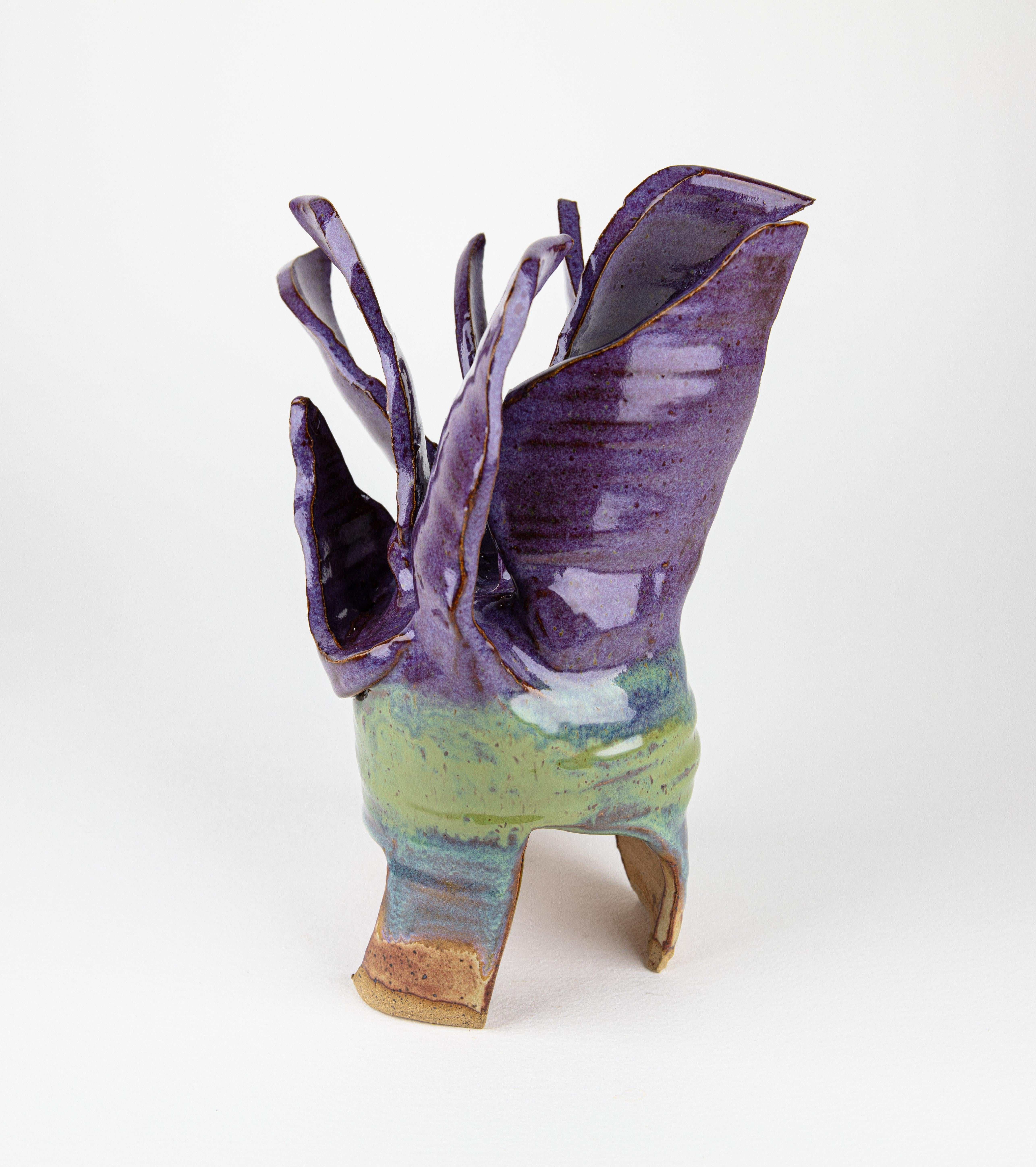 Blossom 1, Abstract ceramic sculpture, purple and green flower - Sculpture by Rachelle Krieger