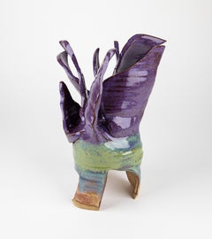 Blossom 1, Abstract ceramic sculpture, purple and green flower