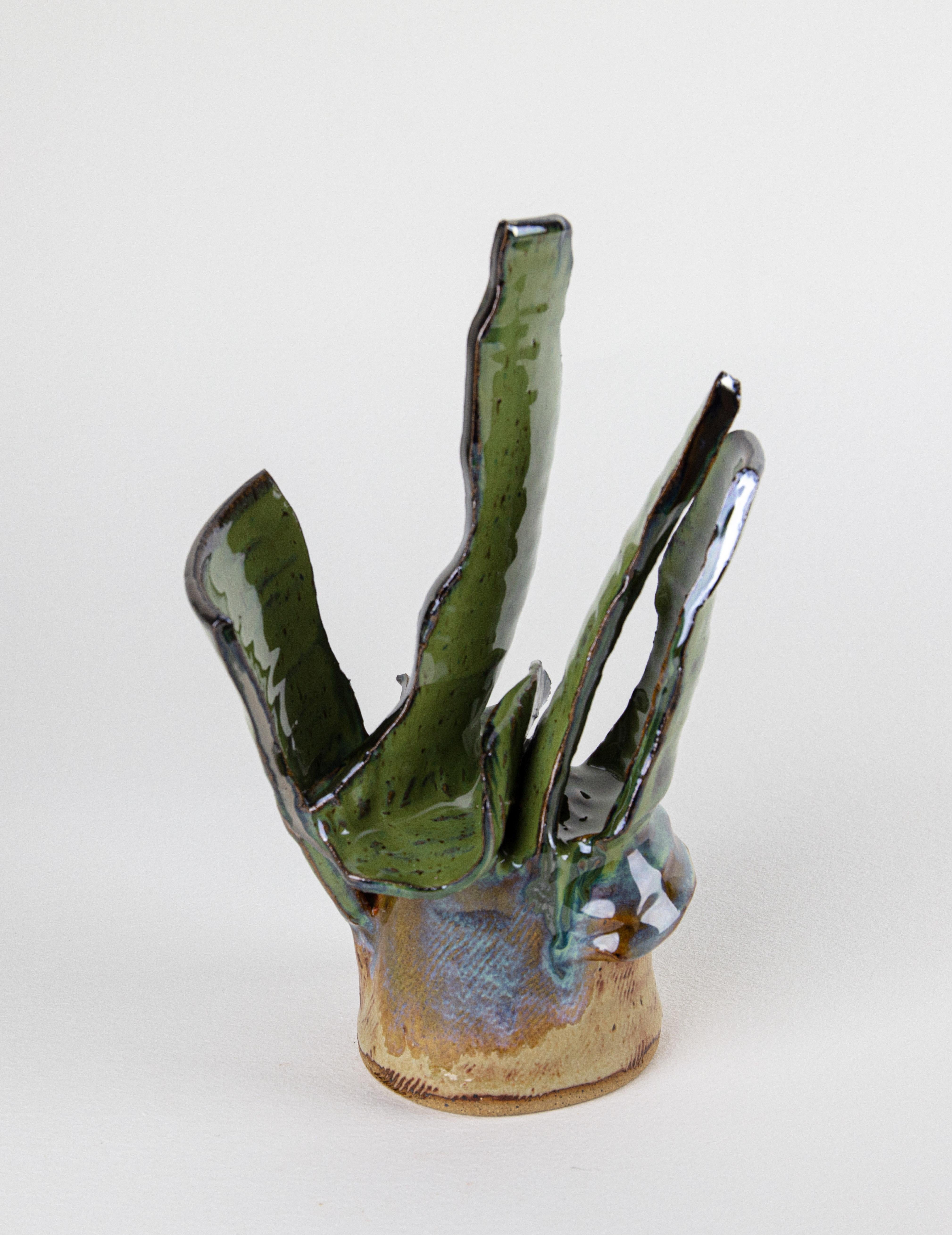 Blossom 2, Abstract ceramic sculpture, green flower - Sculpture by Rachelle Krieger