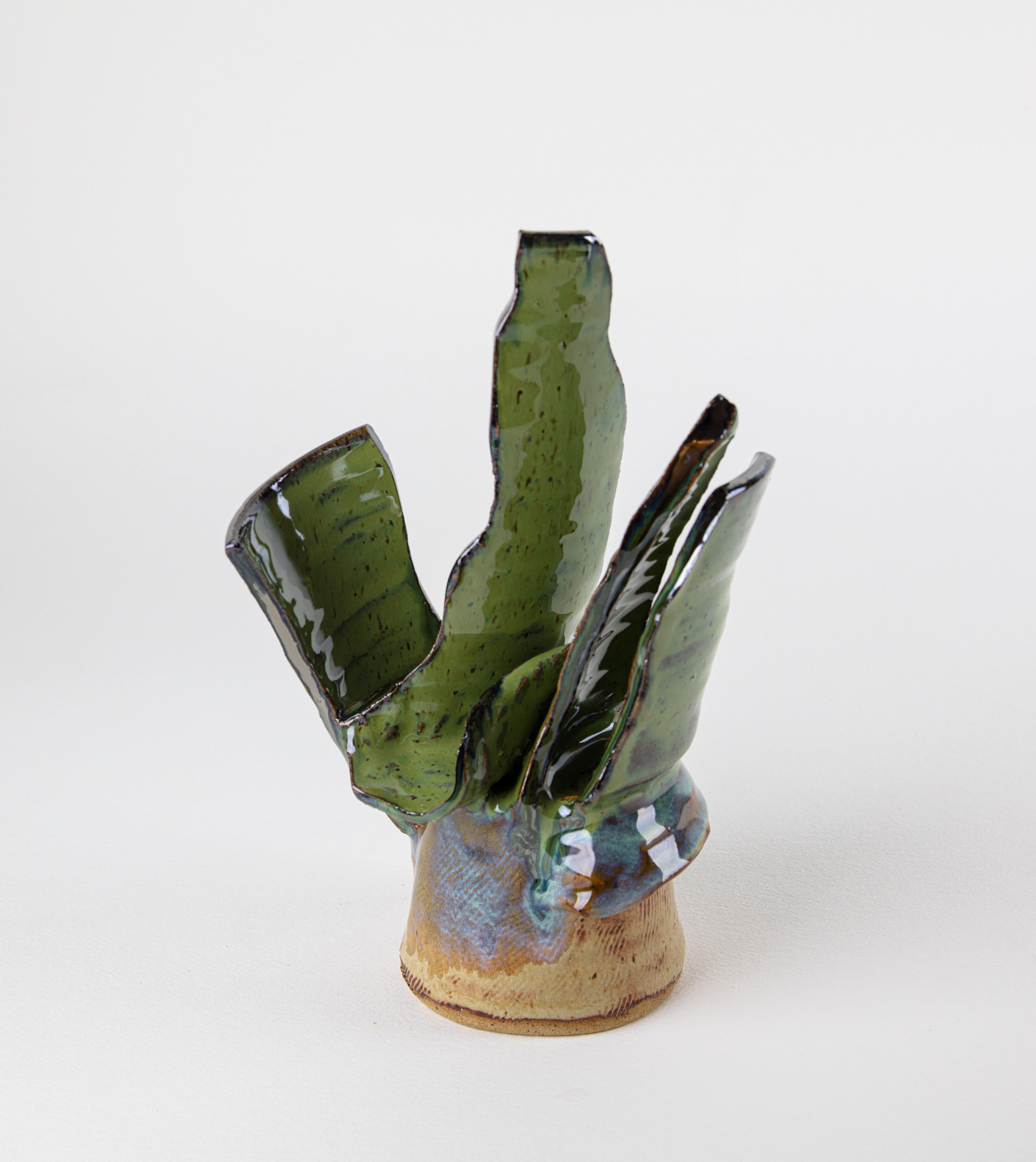 Rachelle Krieger Still-Life Sculpture - Blossom 2, Abstract ceramic sculpture, green flower