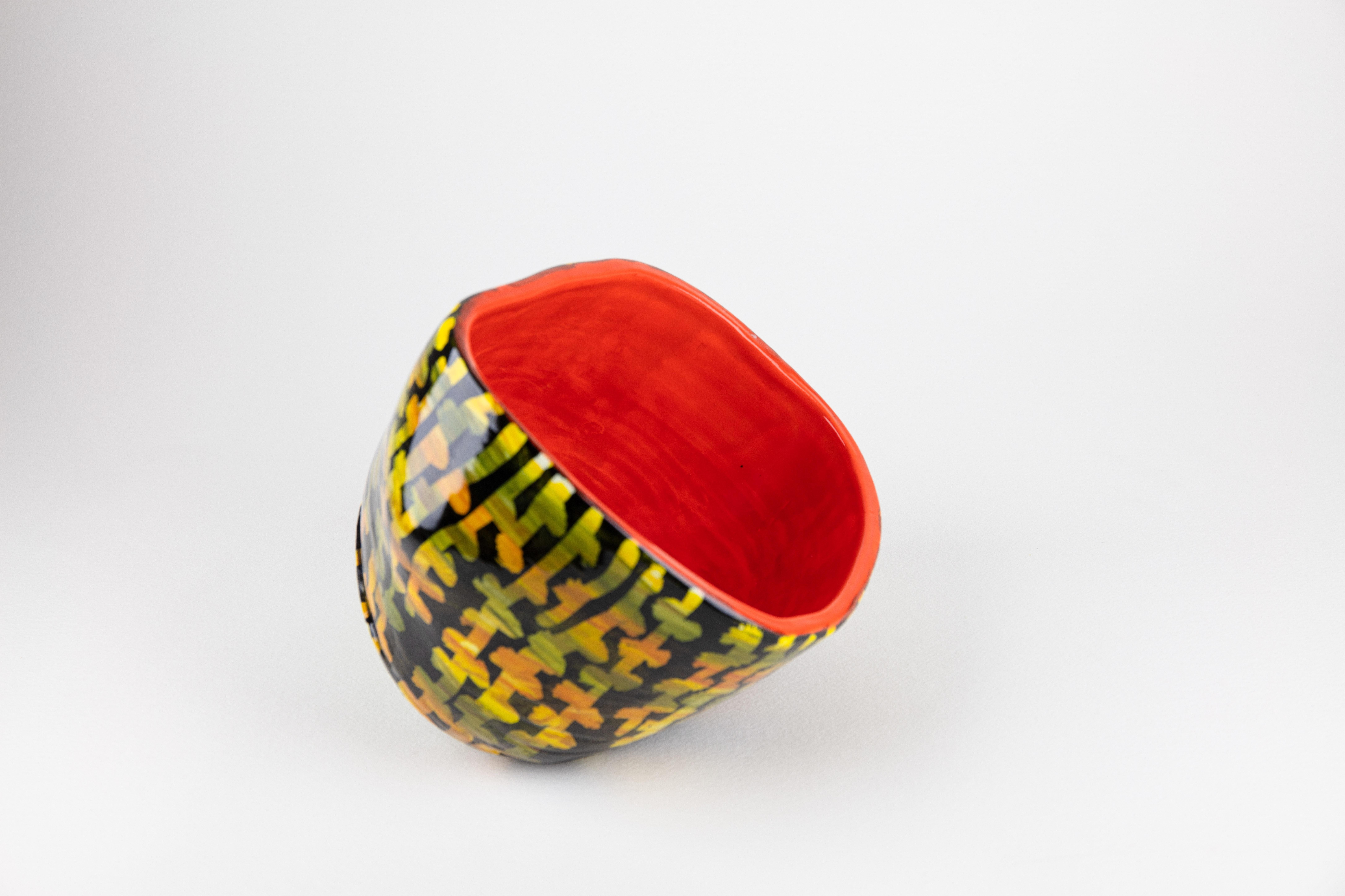Husk 1, Abstract ceramic sculpture, red and yellow - Contemporary Sculpture by Rachelle Krieger