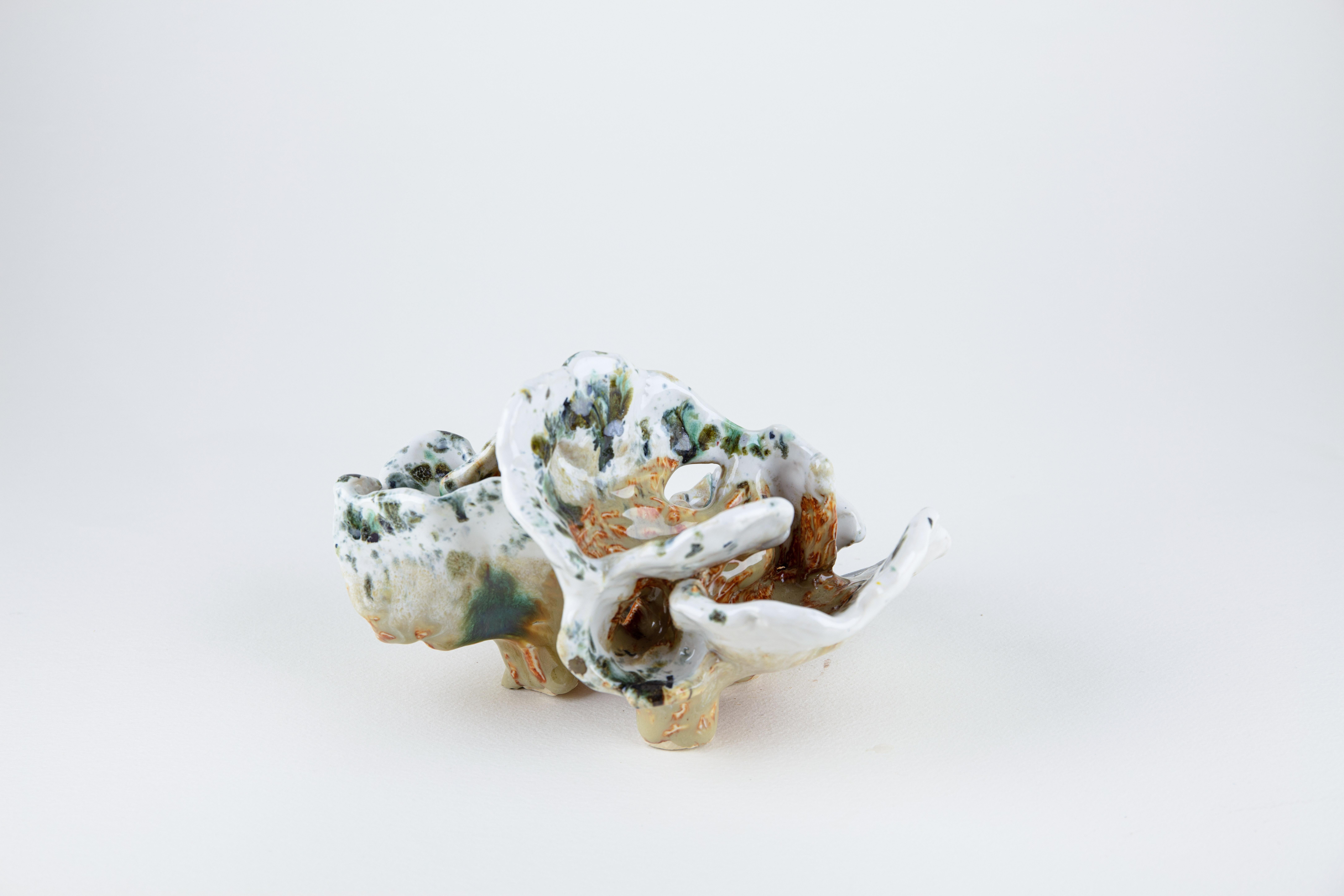 Lichen 1, Abstract ceramic sculpture, green and beige - Gray Still-Life Sculpture by Rachelle Krieger