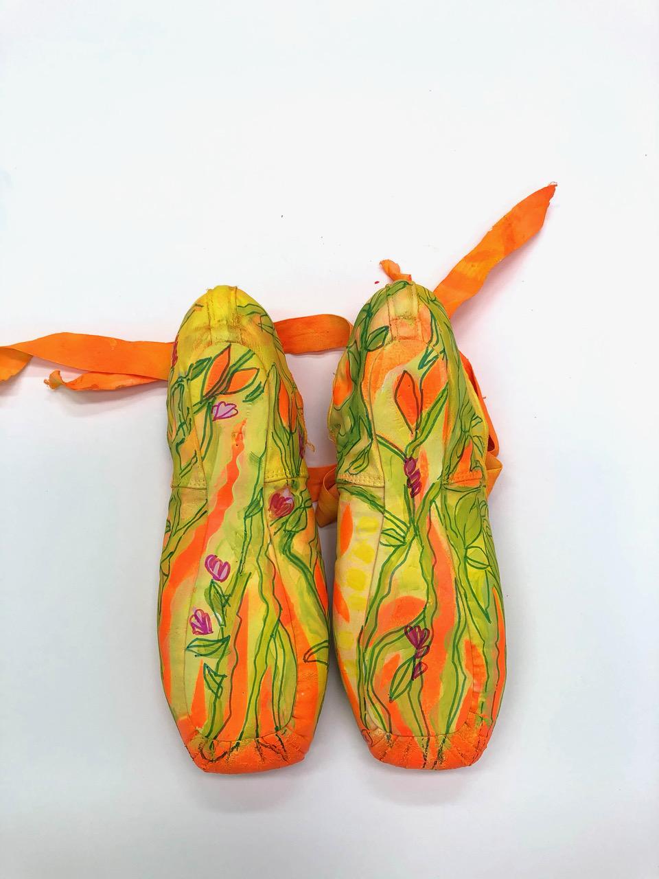 The Rite of Spring, orange and green flashe on ballet shoes, mixed media  - Sculpture by Rachelle Krieger