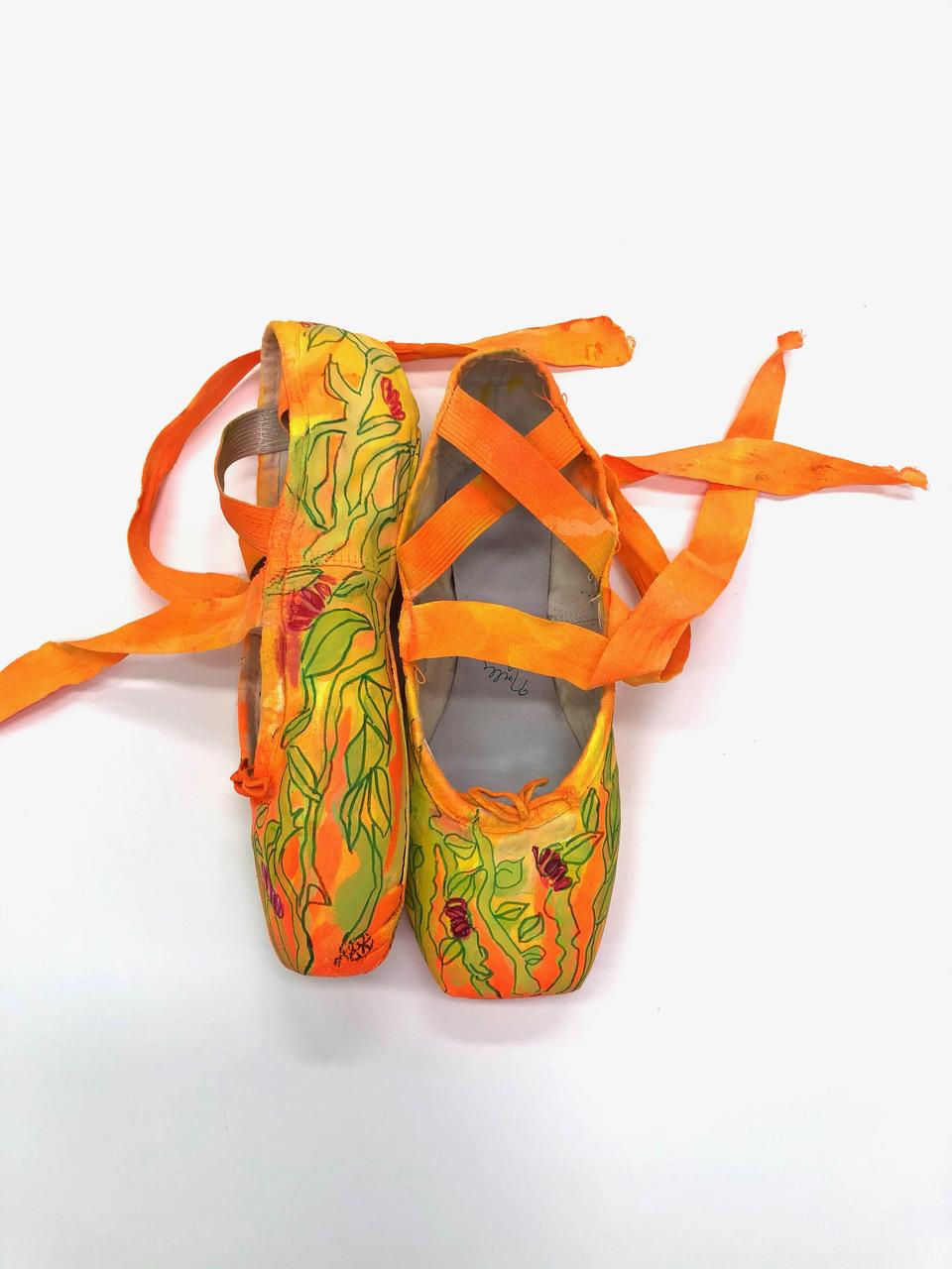 The Rite of Spring, orange and green flashe on ballet shoes, mixed media  - Contemporary Sculpture by Rachelle Krieger