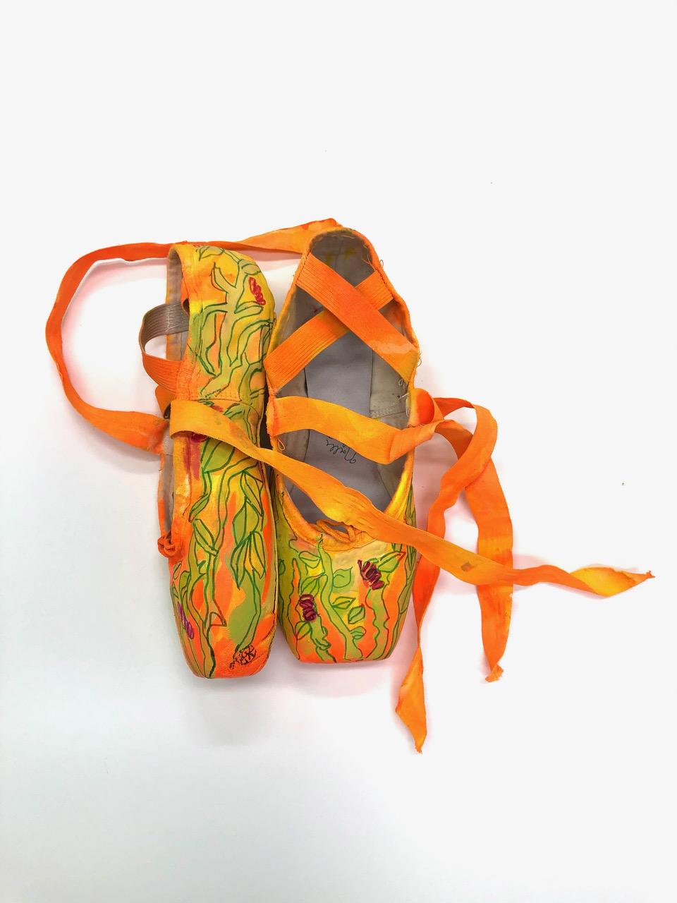 Rachelle Krieger Still-Life Sculpture - The Rite of Spring, orange and green flashe on ballet shoes, mixed media 