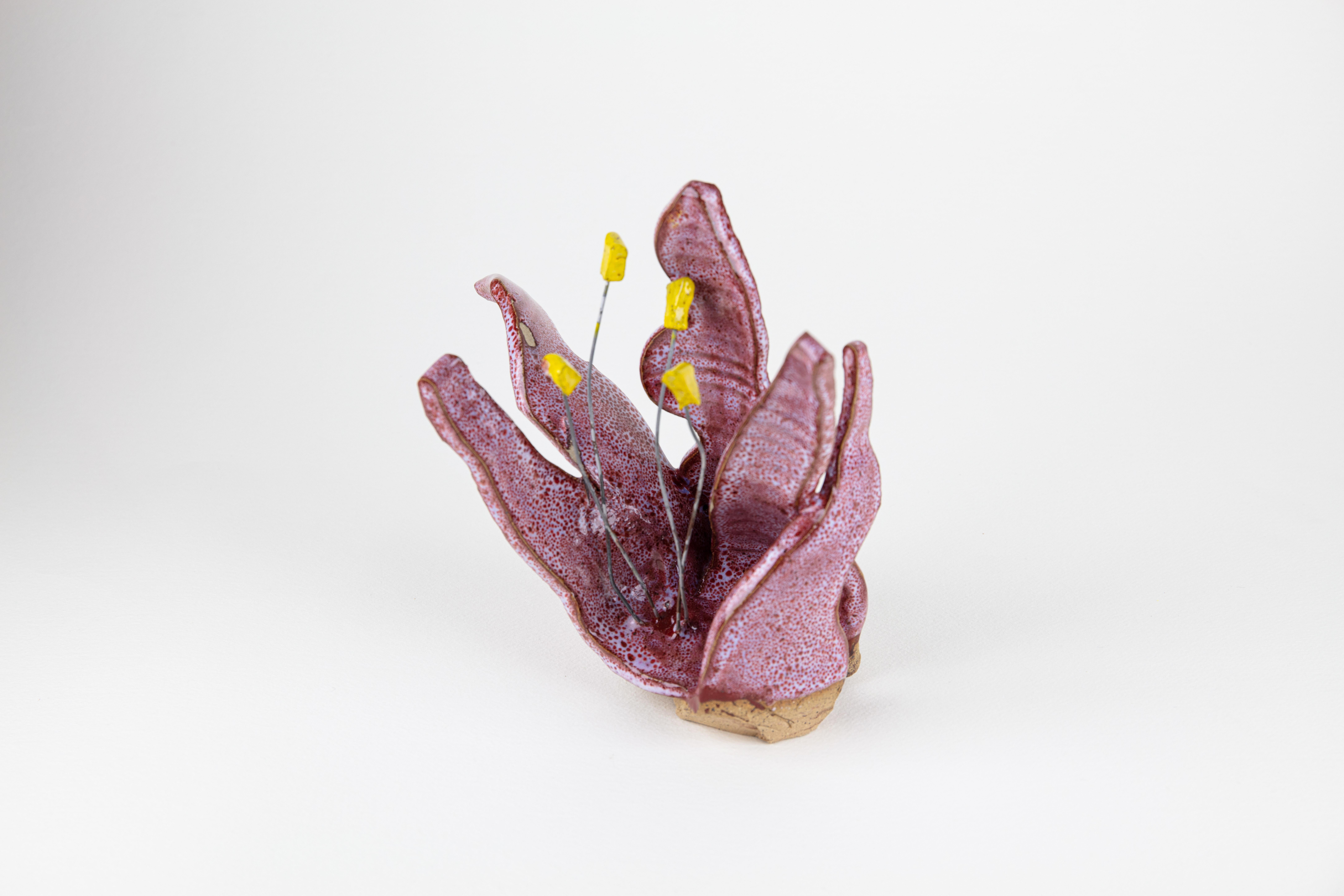 Wildflower 1, Abstract ceramic sculpture, purple and yellow flower - Sculpture by Rachelle Krieger