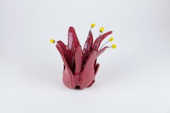 Wildflower 3, Abstract ceramic and wire sculpture, pink and yellow flower