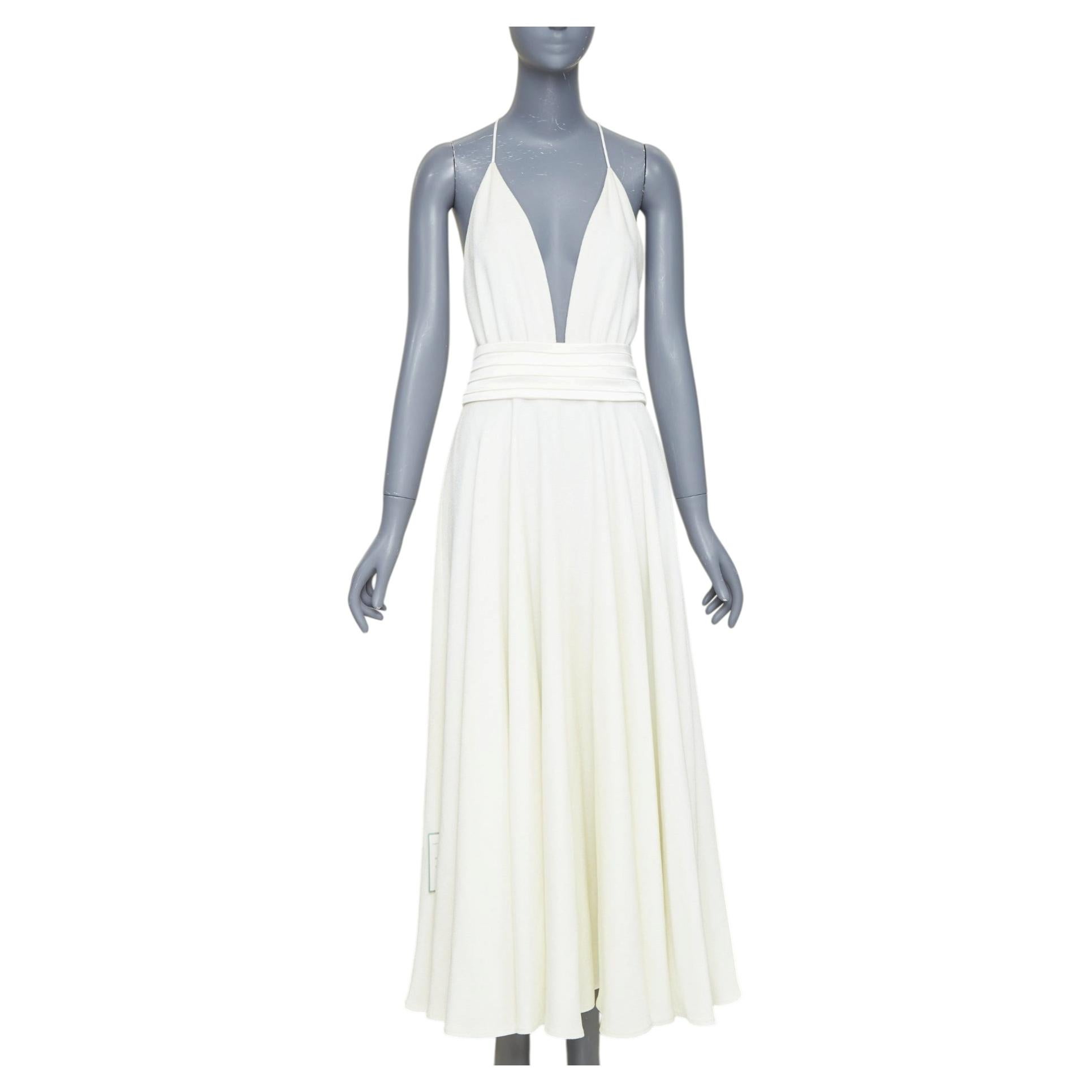 RACIL ivory crepe plunging V-neck halter ruched empire waist midi dress IT38 XS
