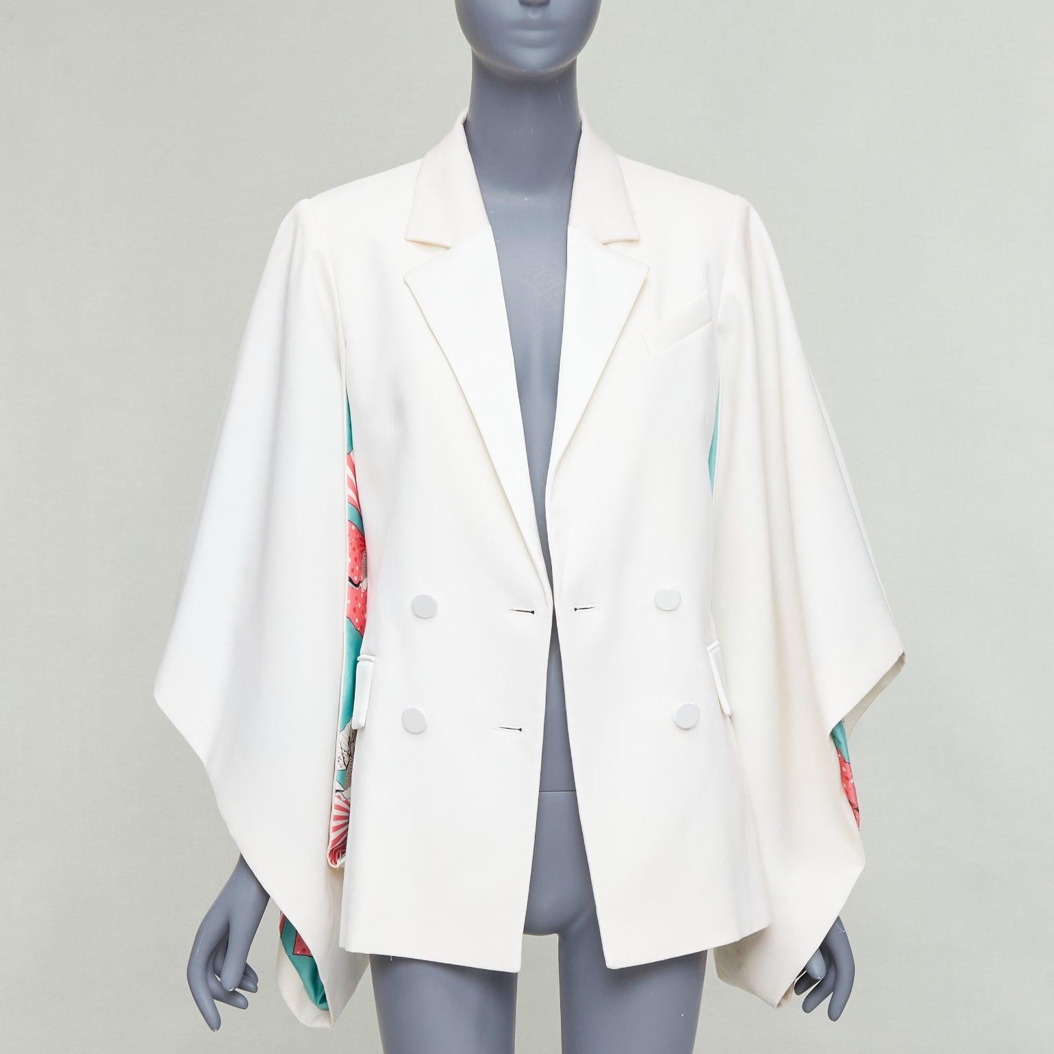 RACIL Kyoto Kimono cream satin print lined cape sleeve tuxedo jacket In Good Condition For Sale In Hong Kong, NT
