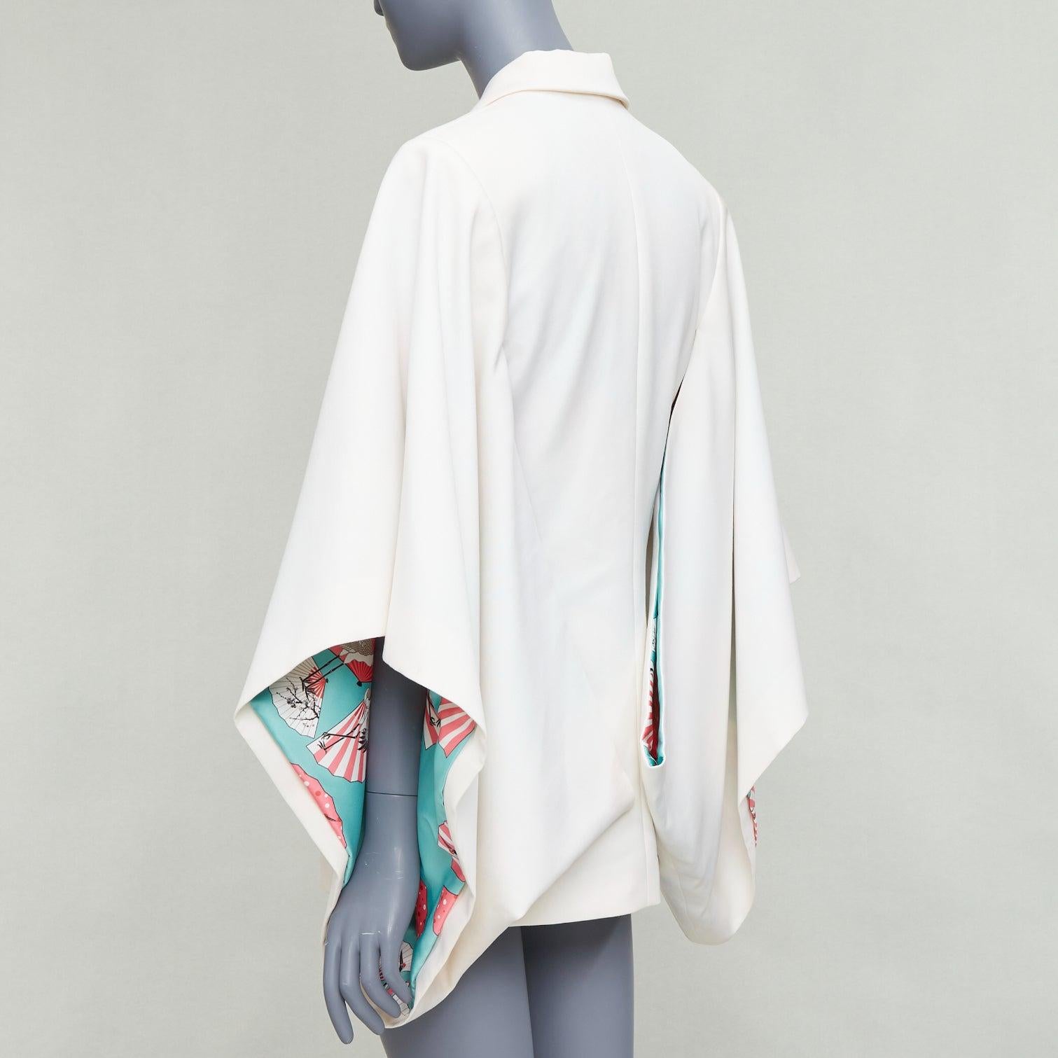RACIL Kyoto Kimono cream satin print lined cape sleeve tuxedo jacket For Sale 1
