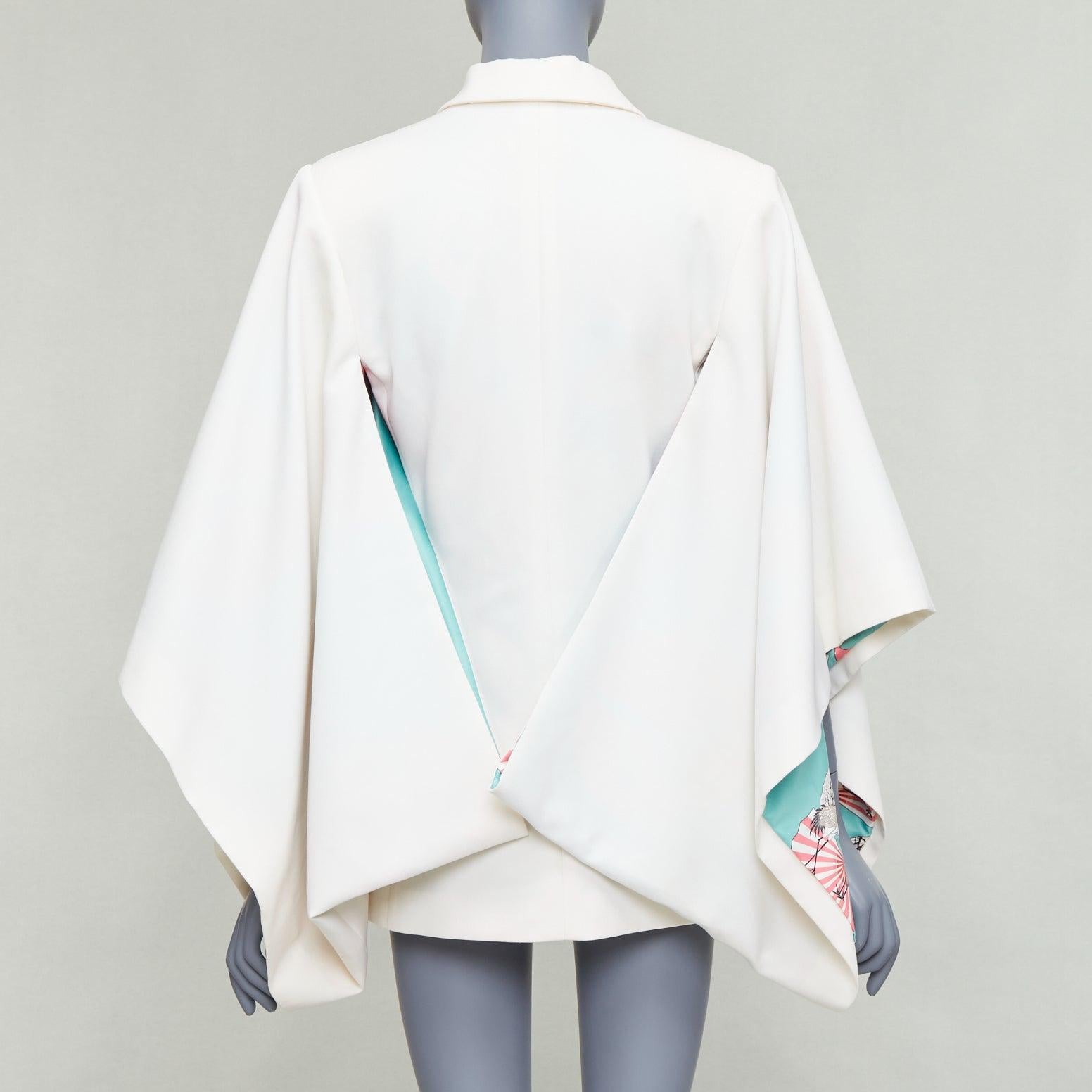 RACIL Kyoto Kimono cream satin print lined cape sleeve tuxedo jacket For Sale 2