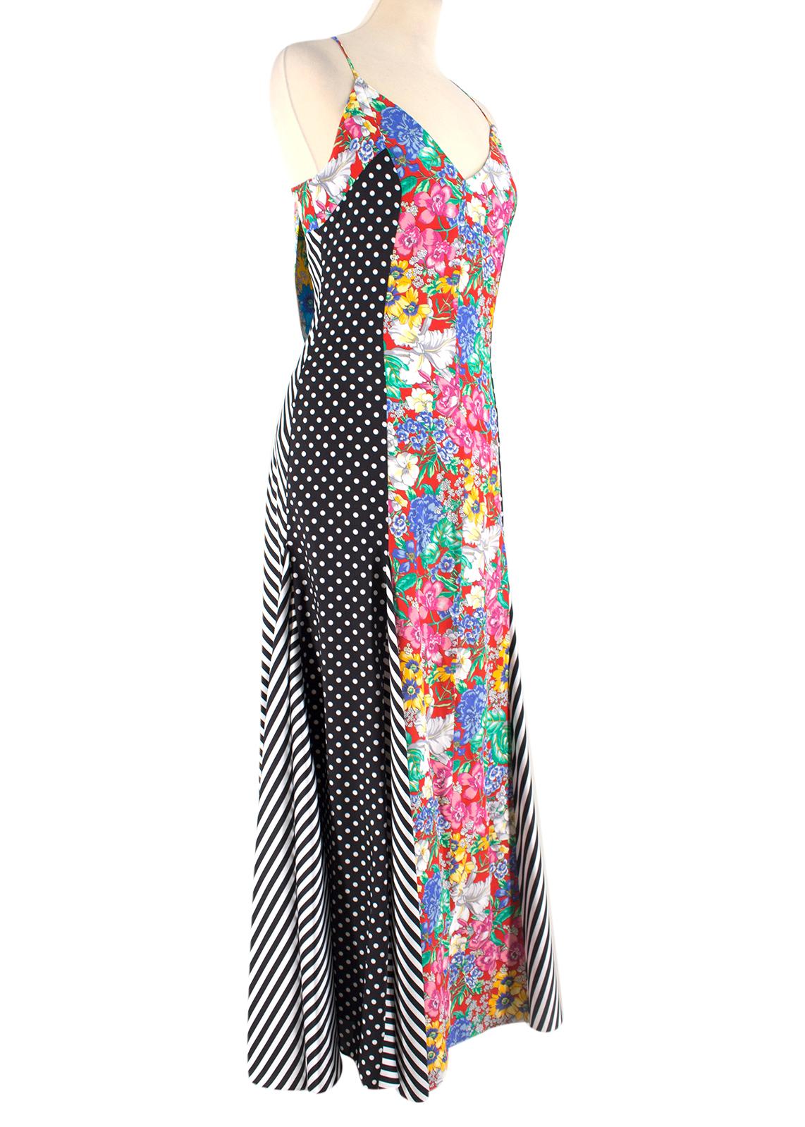Racil x Aquazzura Panarea Contrast-panel Dress

- Multi-coloured midi dress
- Mid-weight
- Satin twill
- Floral print and black & white polka dot panels
- Tie back
- Black & white striped godet inserts
- Centre-back concealed zip
- Slim shoulder