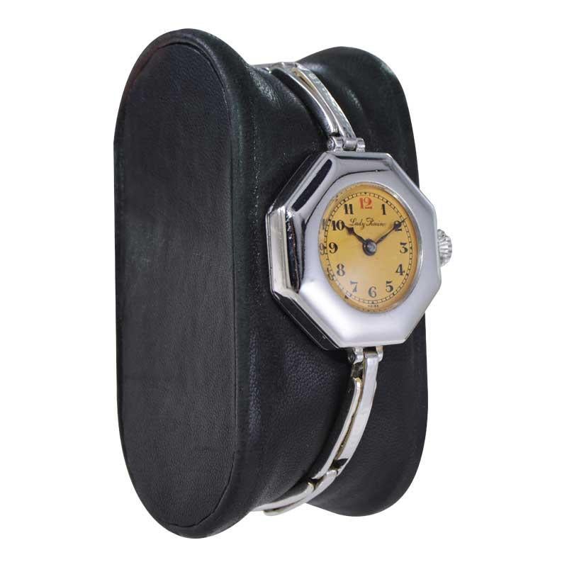 FACTORY / HOUSE:  Gallet & Co. for Racine
STYLE / REFERENCE: Art Deco / Bracelet Watch
METAL / MATERIAL: Sterling Silver
CIRCA / YEAR: 1915 / 20's
DIMENSIONS / SIZE: Length 26mm x Width 24mm
MOVEMENT / CALIBER: Manual Winding / 115 Jewels 
DIAL /