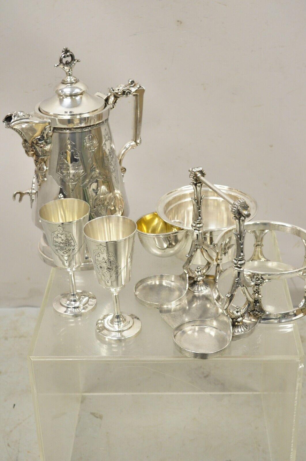 Racine Silver Plated Victorian Tilting Lemonade Water Pitcher on Stand w Goblets For Sale 6