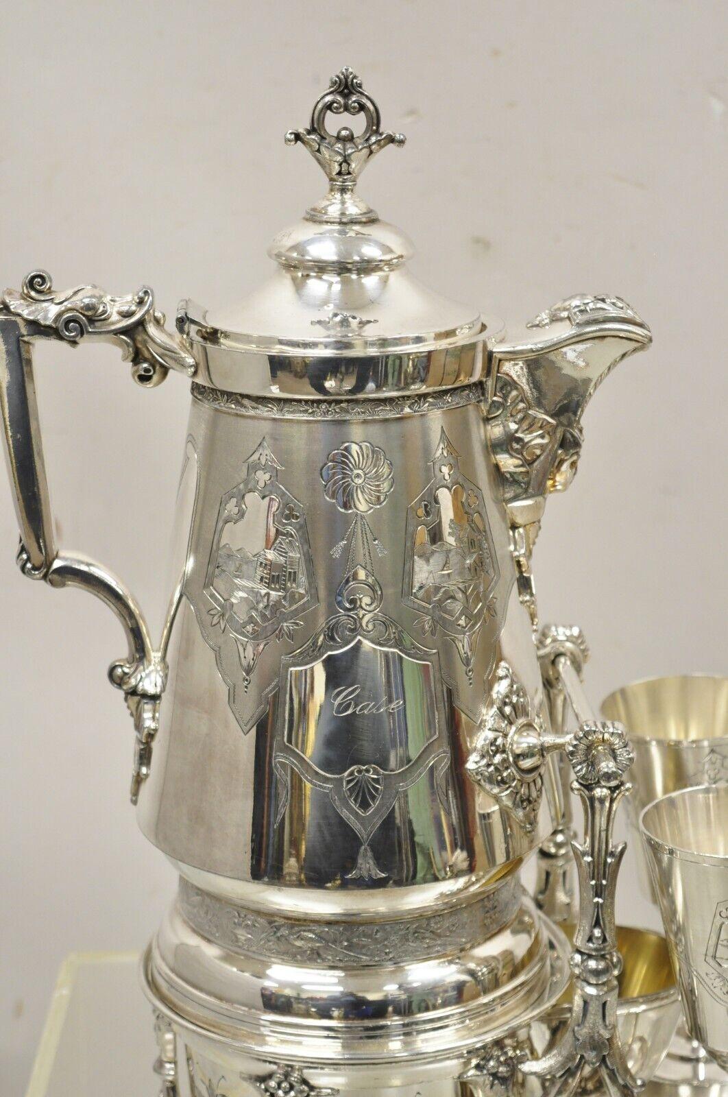 Racine Silver Plated Victorian Tilting Lemonade Water Pitcher on Stand w Goblets For Sale 11