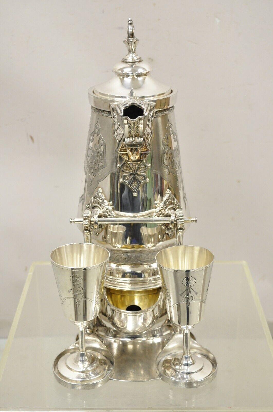 Racine Silver Plated Victorian Tilting Lemonade Water Pitcher on Stand w Goblets In Good Condition For Sale In Philadelphia, PA