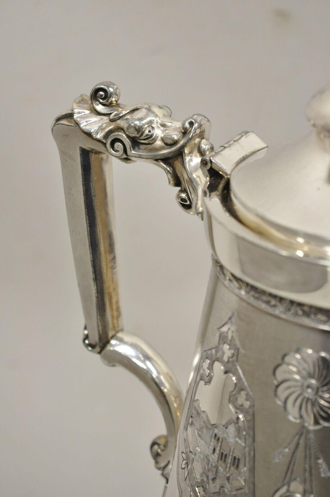Racine Silver Plated Victorian Tilting Lemonade Water Pitcher on Stand w Goblets For Sale 4