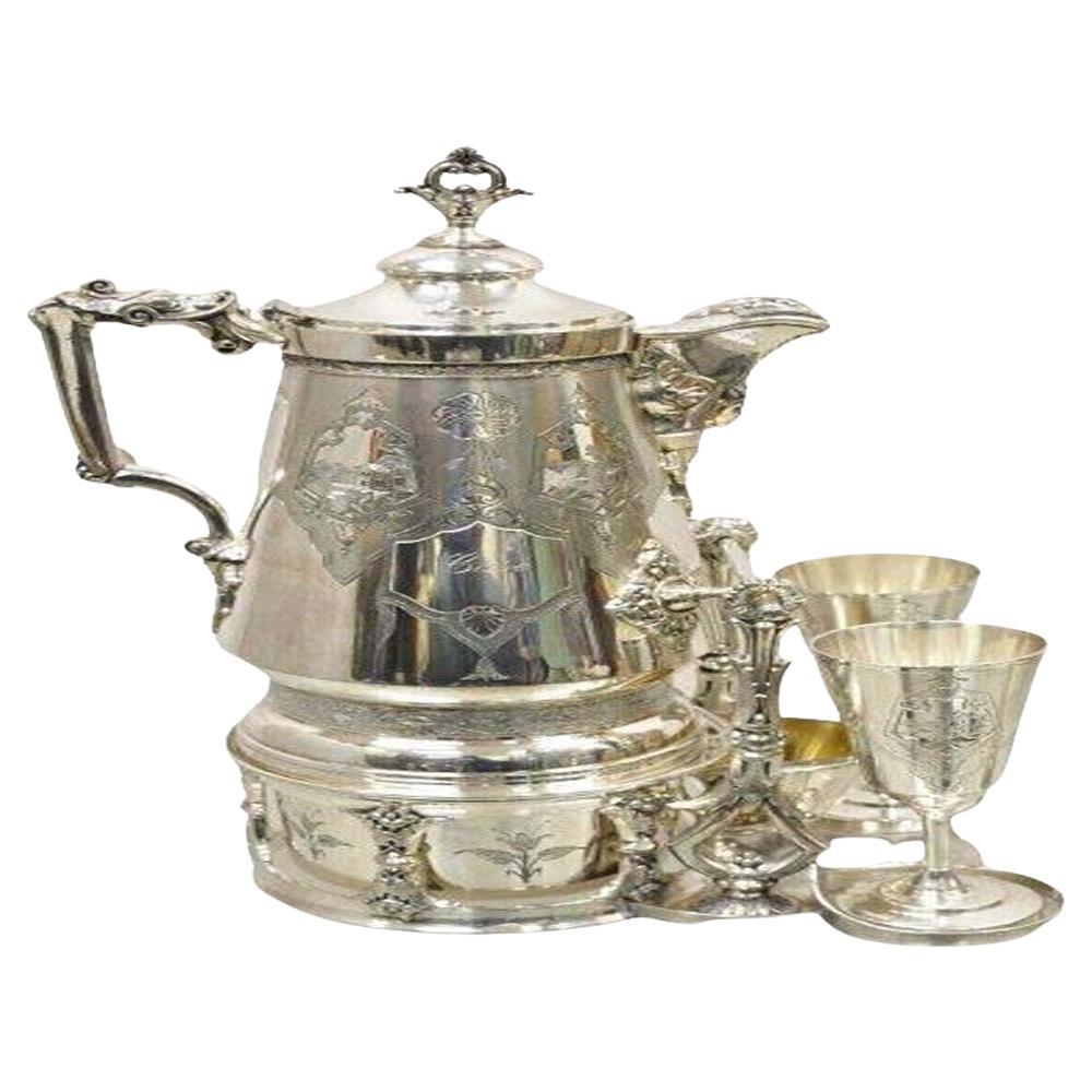 Racine Silver Plated Victorian Tilting Lemonade Water Pitcher on Stand w Goblets For Sale