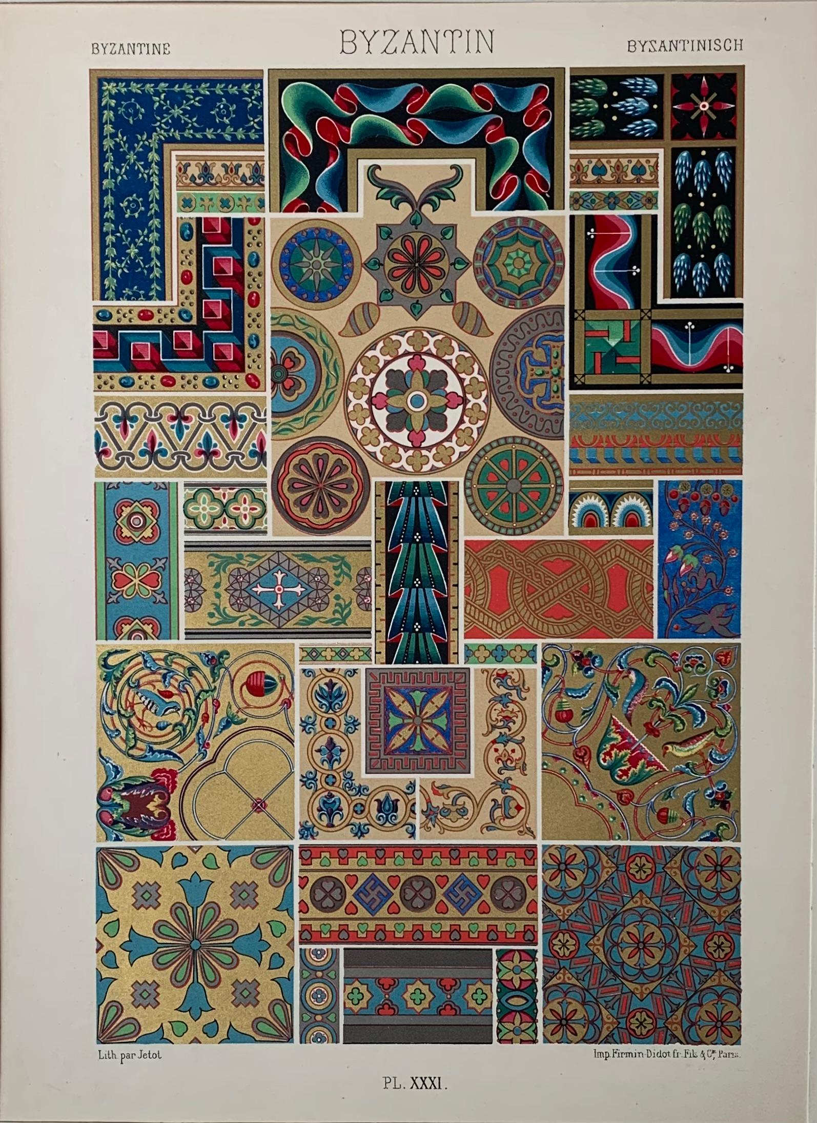 Carta Racinet, Auguste, L'Ornement Polychrome, Paris, Firmin-Didot, Set di 4 pezzi bizantini in vendita