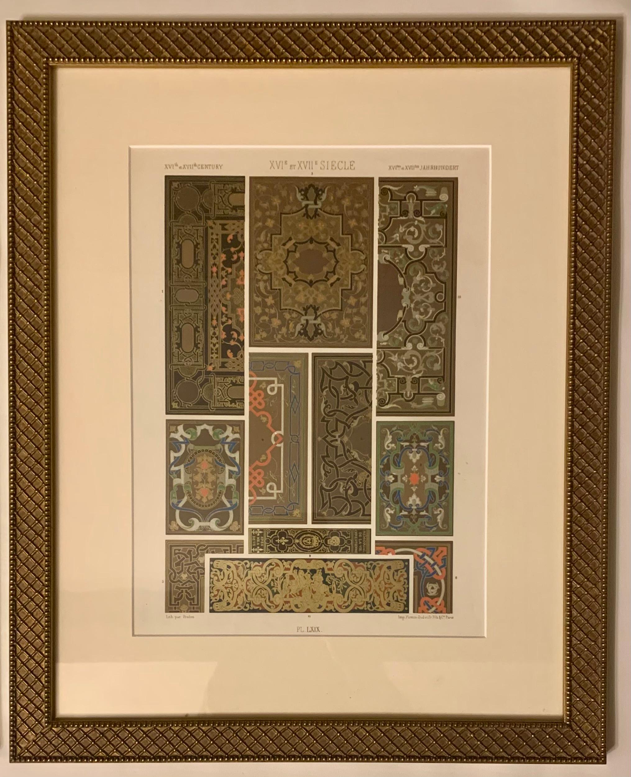 Bella e rara coppia di cromolitografie originali di disegni di soffitti architettonici tratti dall'opera fondamentale di Racinet L'Ornement Polychrome pubblicata da Firmin-Didot nel 1869-1873 e nel 1885-1887. Splendidamente incorniciato in modo