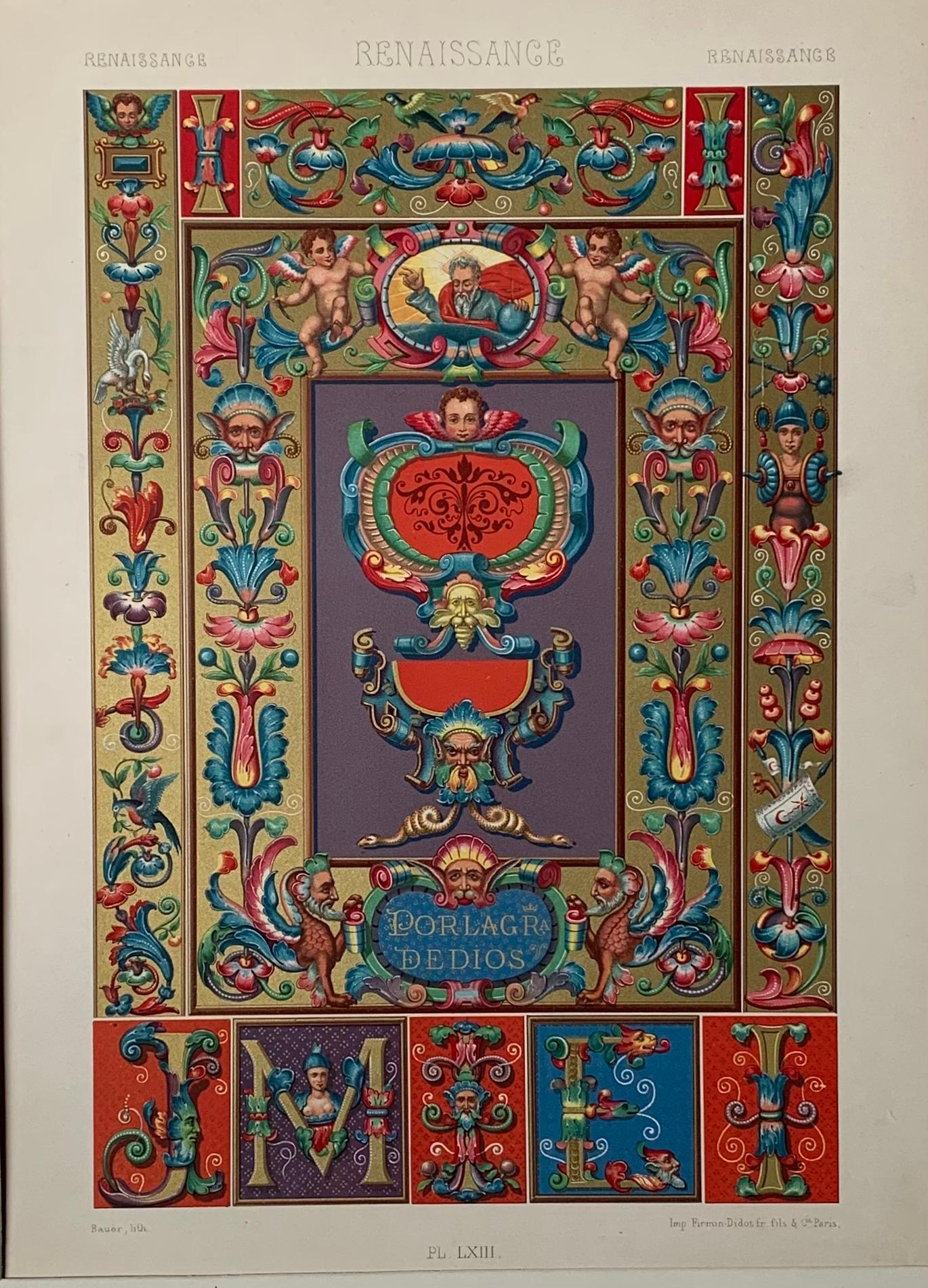 Fine, scarce set of four original chromolithographs of Renaissance designs from Racinet's seminal L'Ornement Polychrome published by Firmin-Didot 1869-1873 and 1885-1887. Architectural elements, grotesques, medallions, lettering, crests, mythical