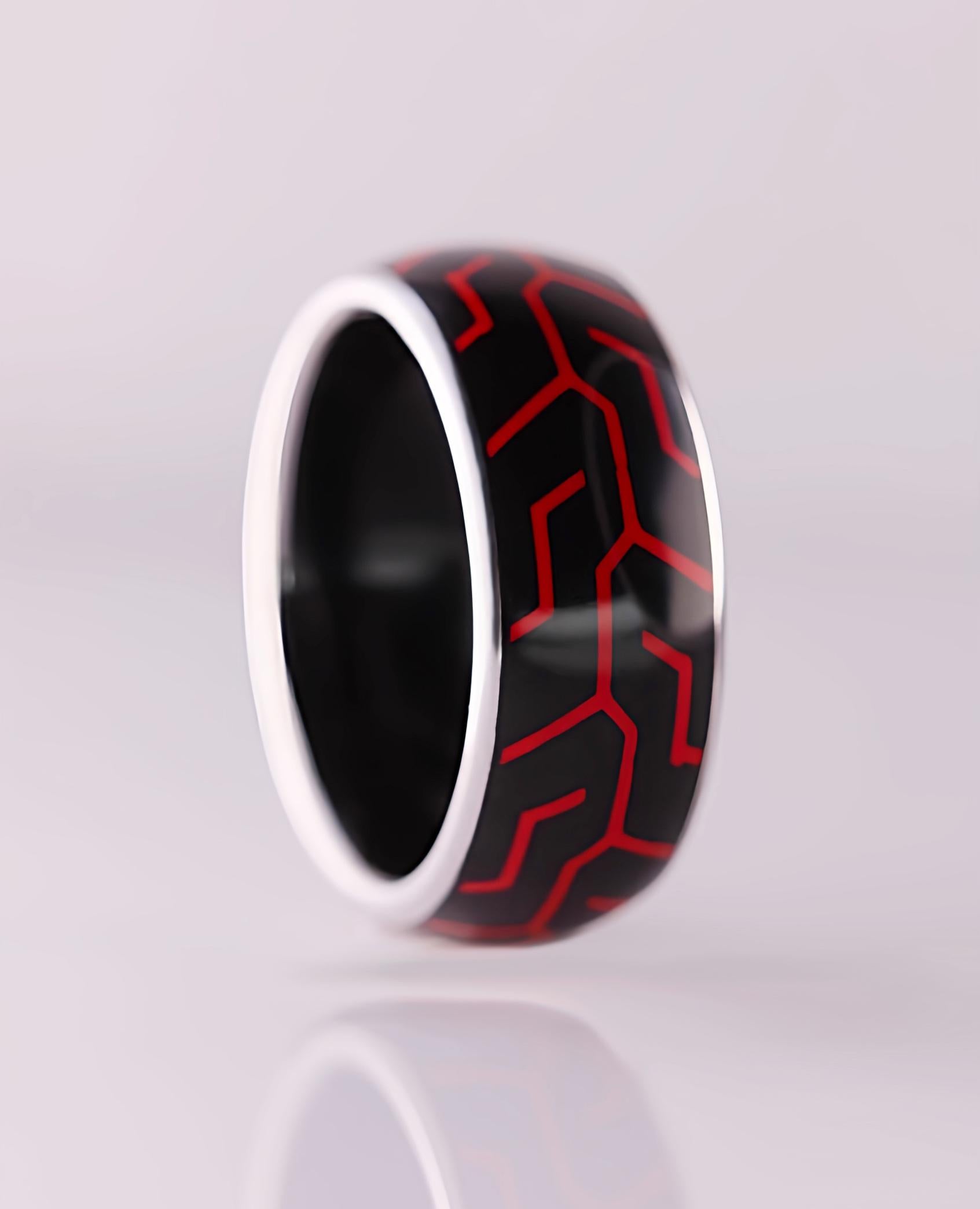 Contemporary Racing Spirit: Platinum & High-Tech Red-Black Ceramic Men's Ring For Sale