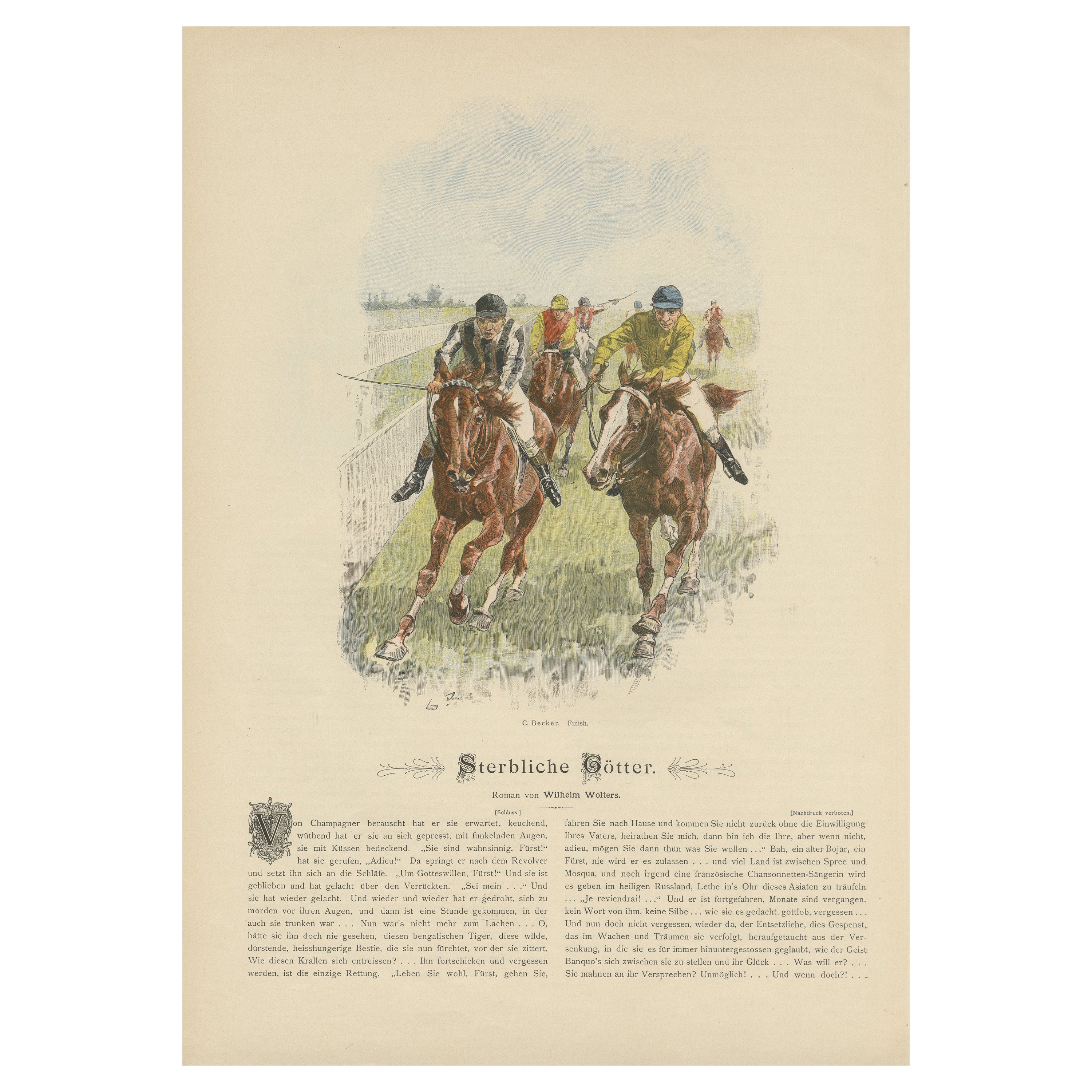 Racing to Glory: C. Beckers Lithographie von Jockeys in der Finish Line von 1895, Racing to Glory