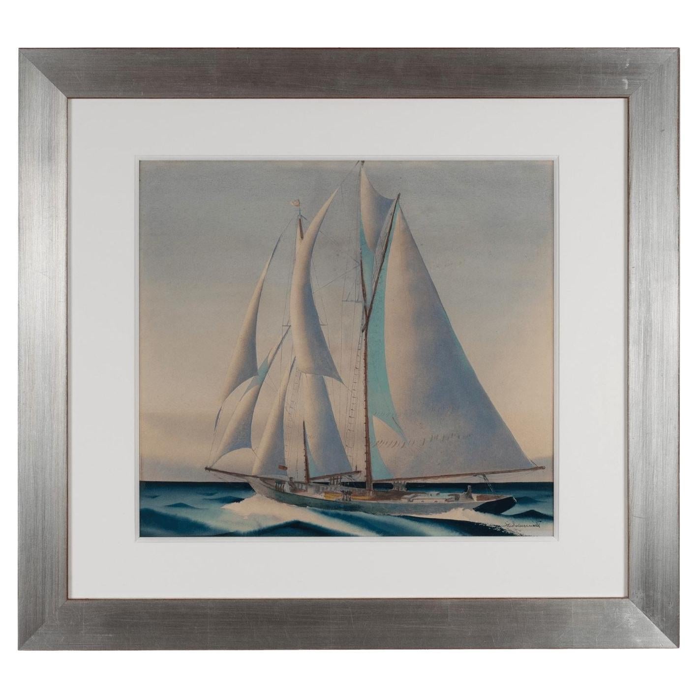 "Racing Yacht under Full Sail" Nautical Watercolor Painting by Sandor Bernathy For Sale