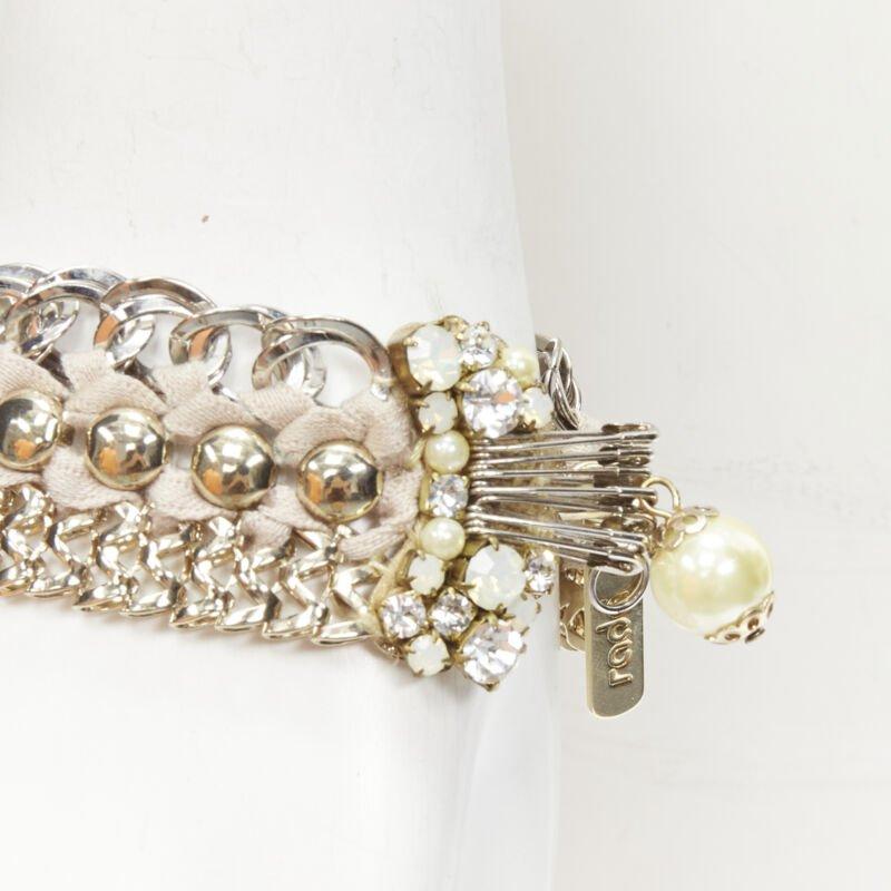 Women's RADA mixed gold silver braided crystal rhinestones pearl charm bracelet For Sale
