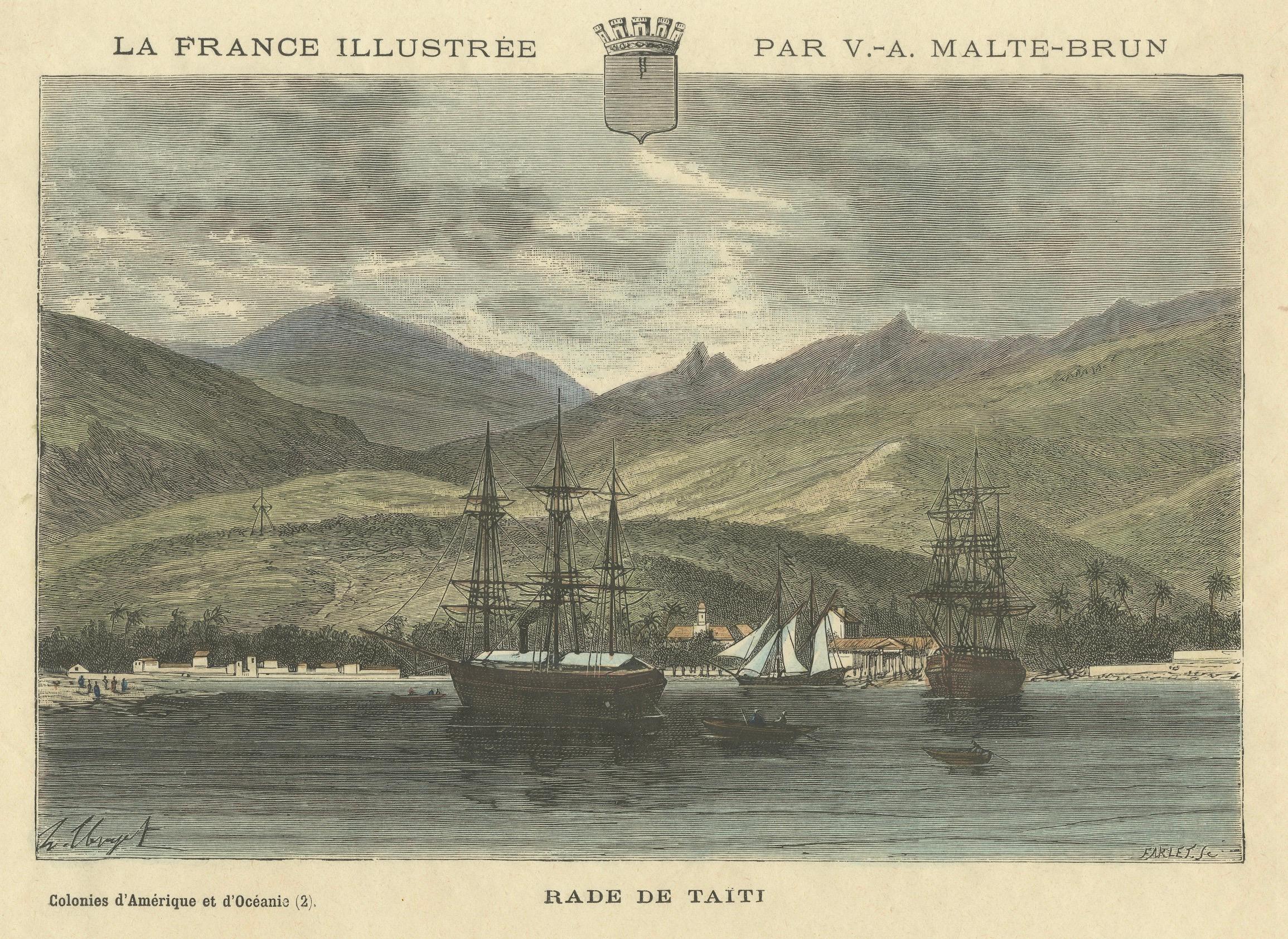 Rade de Taïti: Grabado coloreado a mano de 1883 del puerto de Tahití, La France Illustree en Bueno estado para la venta en Langweer, NL