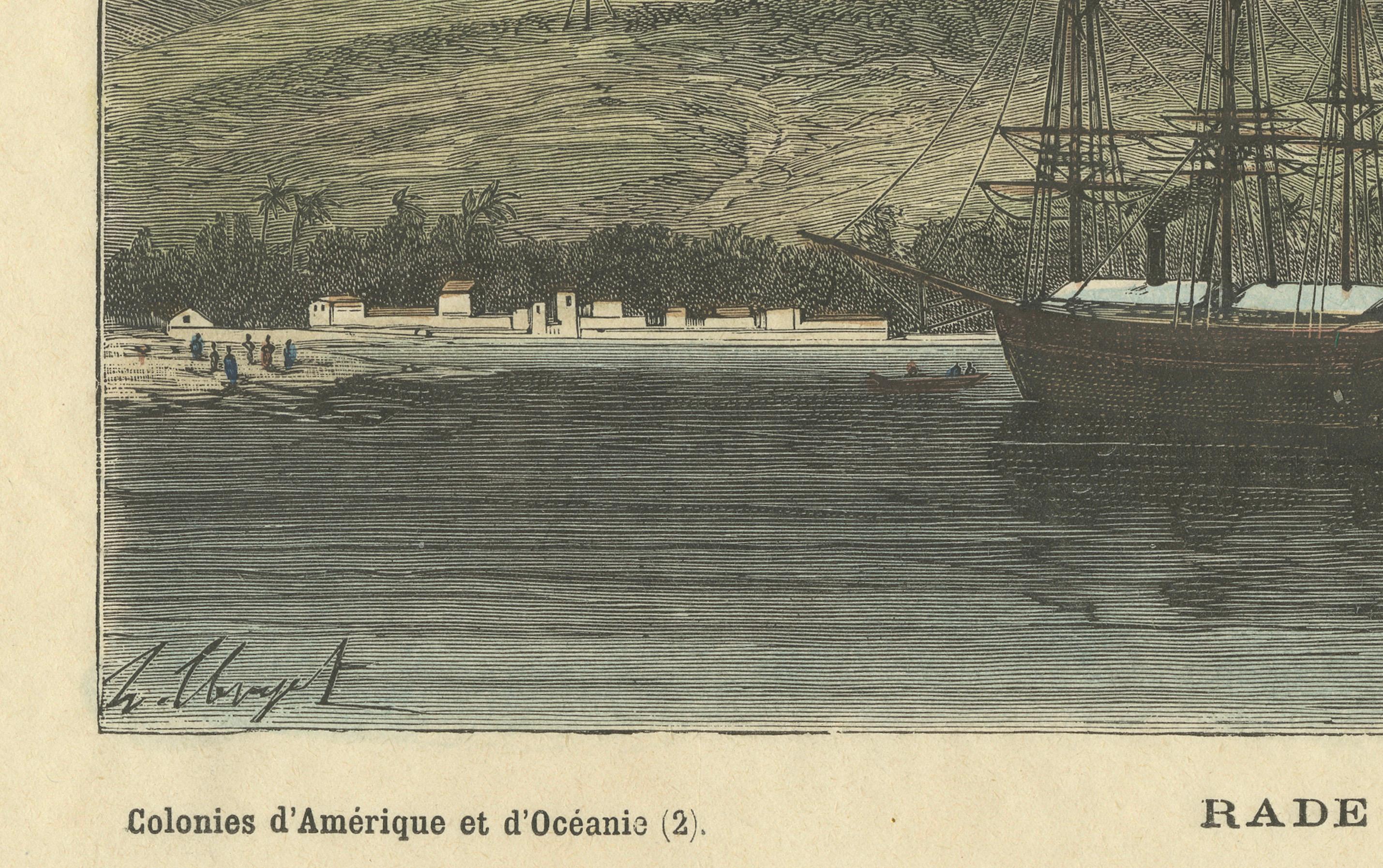 Rade de Taïti: Grabado coloreado a mano de 1883 del puerto de Tahití, La France Illustree Fines del siglo XIX en venta