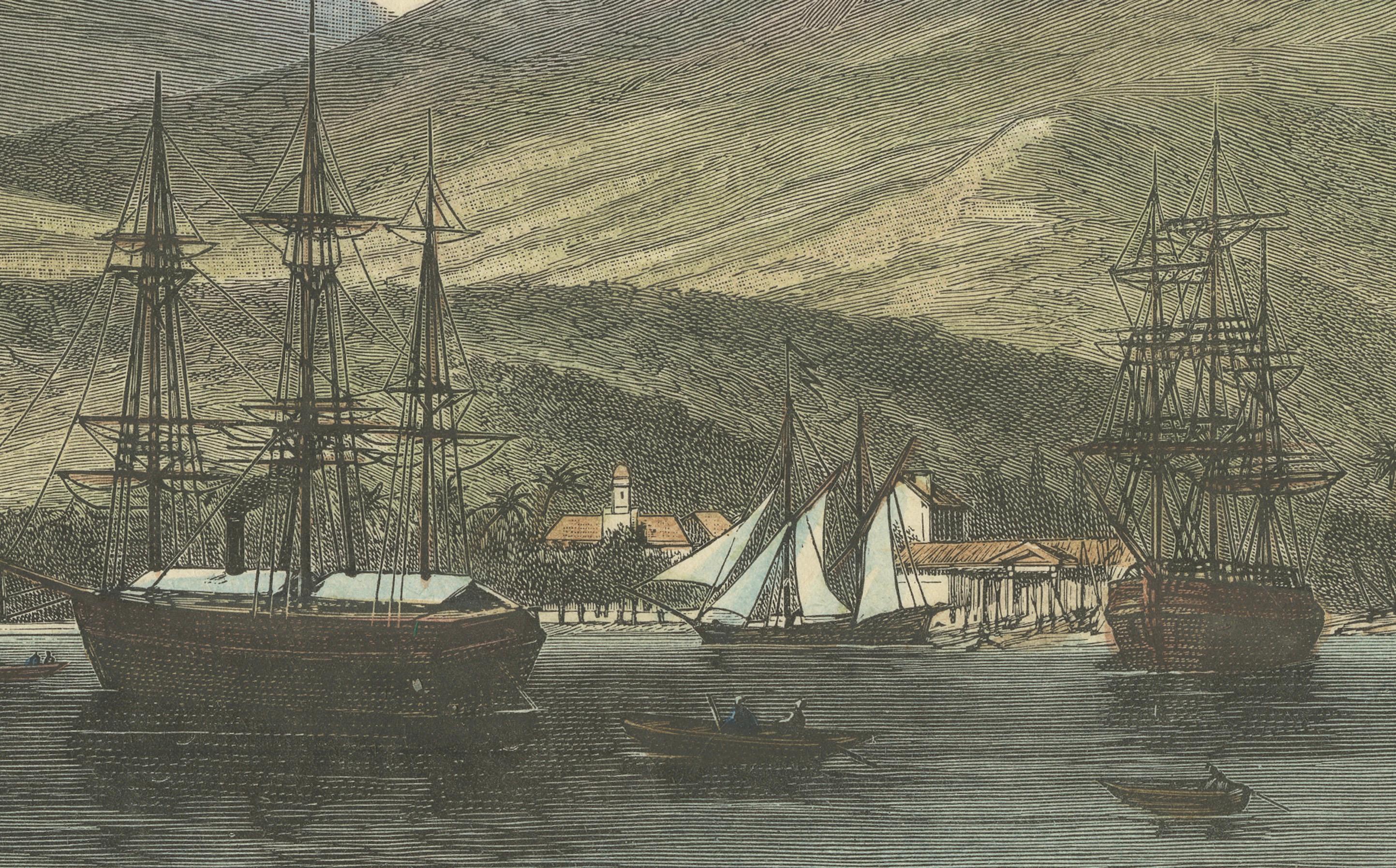 Rade de Taïti: Grabado coloreado a mano de 1883 del puerto de Tahití, La France Illustree Papel en venta